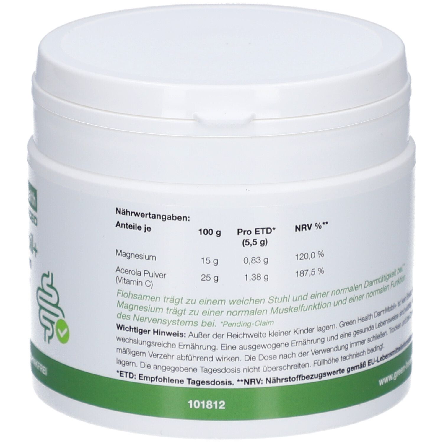 Rückseite der weißen Dose. Nährwertangaben: Magnesium, Acerola Pulver, Flohsamen. Wichtiger Hinweis: Empfohlene Tagesdosis nicht überschreiten.