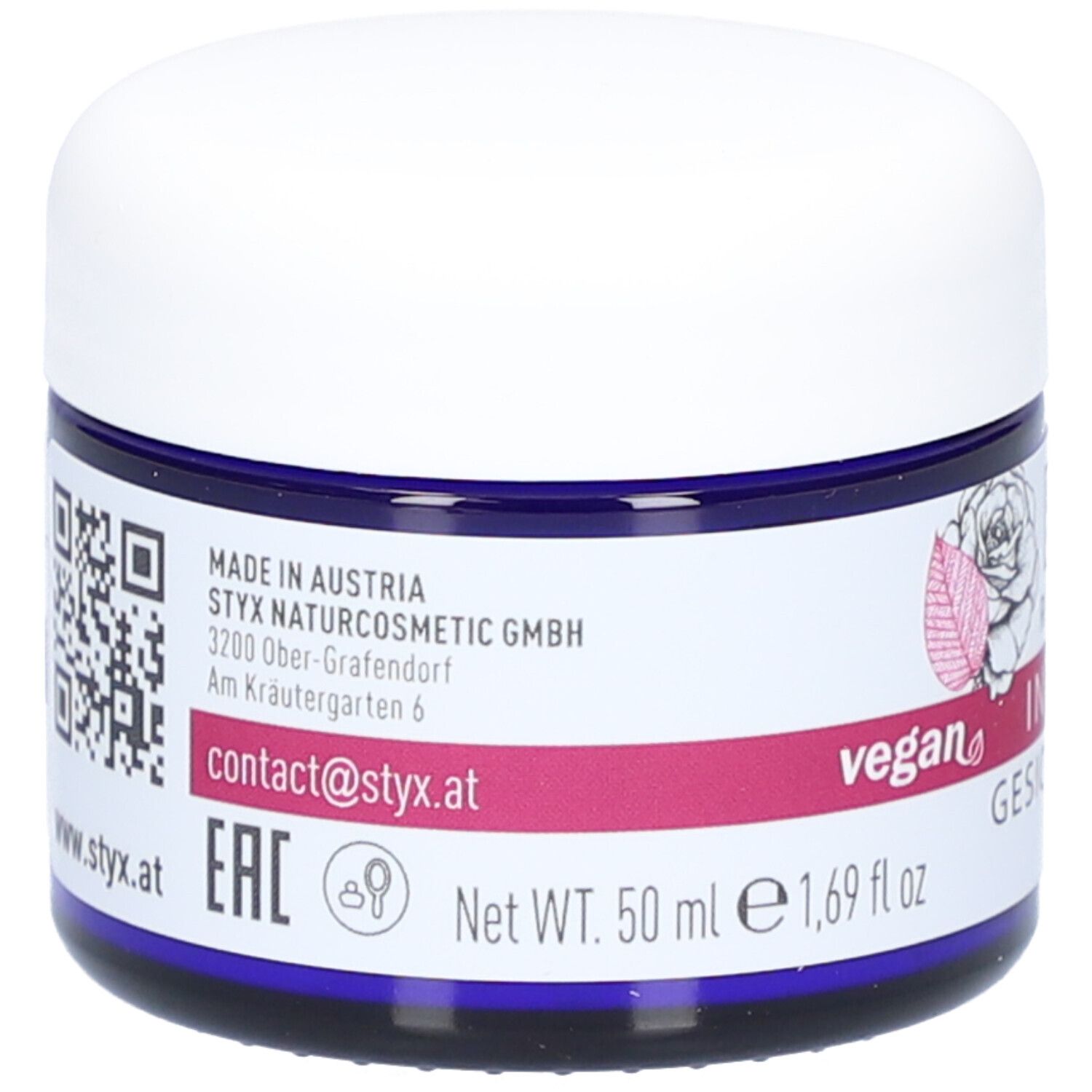 Rückseite der STYX Rosengarten Gesichtsmaske. Informationen: Made in Austria, Kontakt, QR-Code, EAN-Code, Nettoinhalt 50 ml.