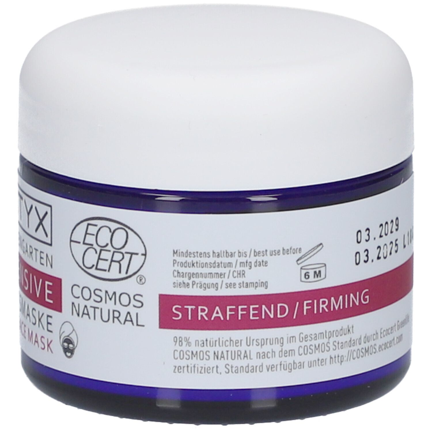 STYX Rosengarten Gesichtsmaske, mit EcoCert-Siegel. Weiße Dose mit blauem Rand. Text: 'Straffend/Firming'. Haltbarkeitsdatum 03.2029.
