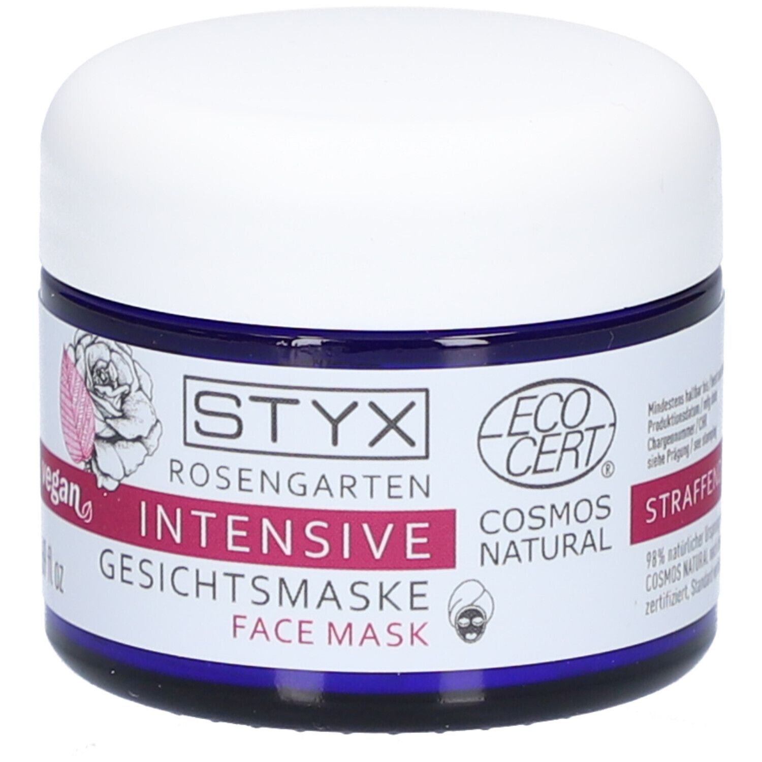 STYX Rosengarten Gesichtsmaske, mit EcoCert-Siegel. Weiße Dose mit blauem Rand. Rosa Schriftzug 'Intensive'. Vegan.