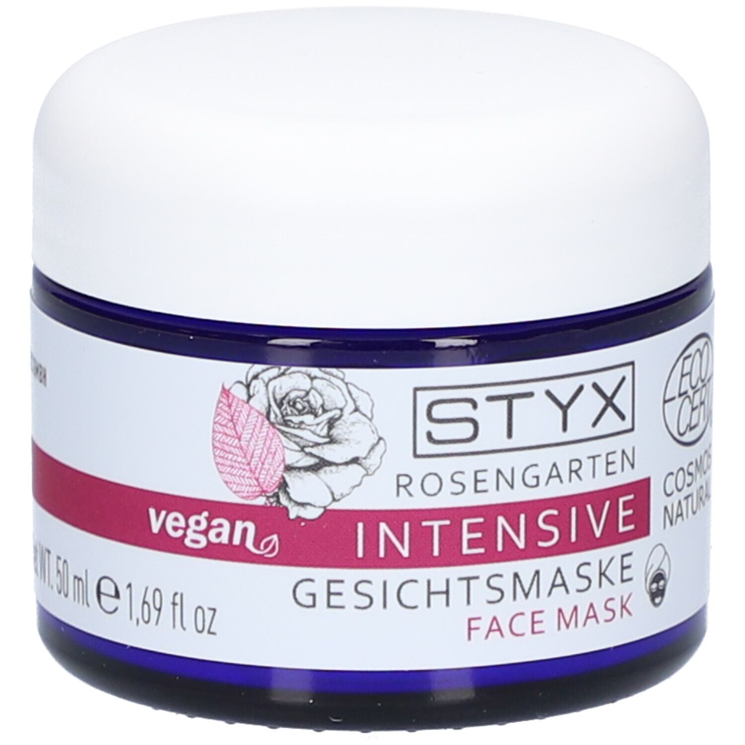 STYX Rosengarten Gesichtsmaske, mit EcoCert-Siegel. Weiße Dose mit blauem Rand. Rosa Schriftzug 'Intensive'. Vegan.
