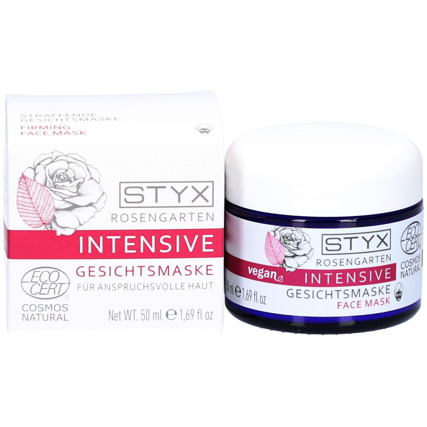 STYX Rosengarten Gesichtsmaske und Verpackung. Dose und Schachtel. Dose: weiß, blau, rosa Schriftzug. Schachtel: weiß, rosa.