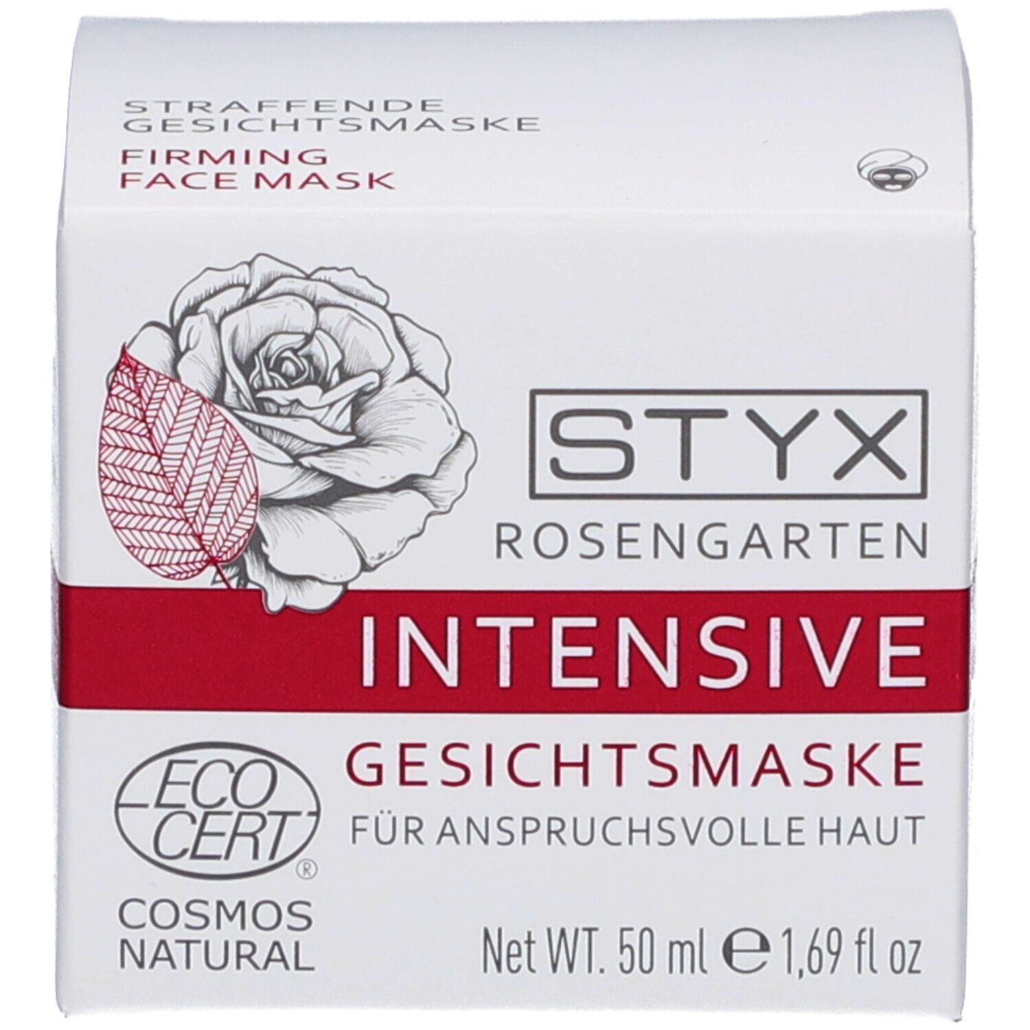 STYX Rosengarten Gesichtsmaske Verpackung. Weiße Schachtel mit rosa Schriftzug. EcoCert-Siegel. Text: 'Für anspruchsvolle Haut'.