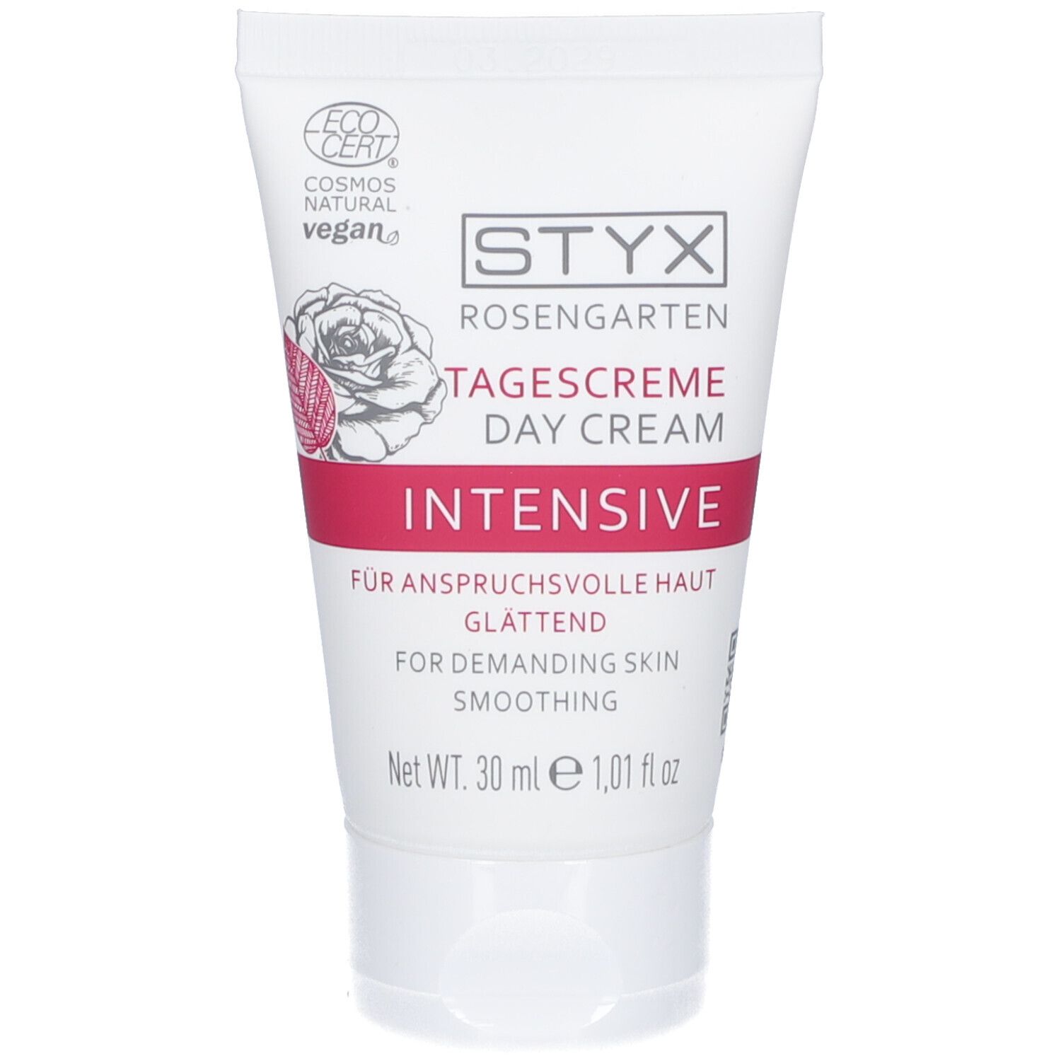 Weiße Tube mit STYX Rosengarten Tagescreme. Rosa Akzent, Logo, Text: INTENSIVE, Cosmos Natural Vegan Zertifizierung.