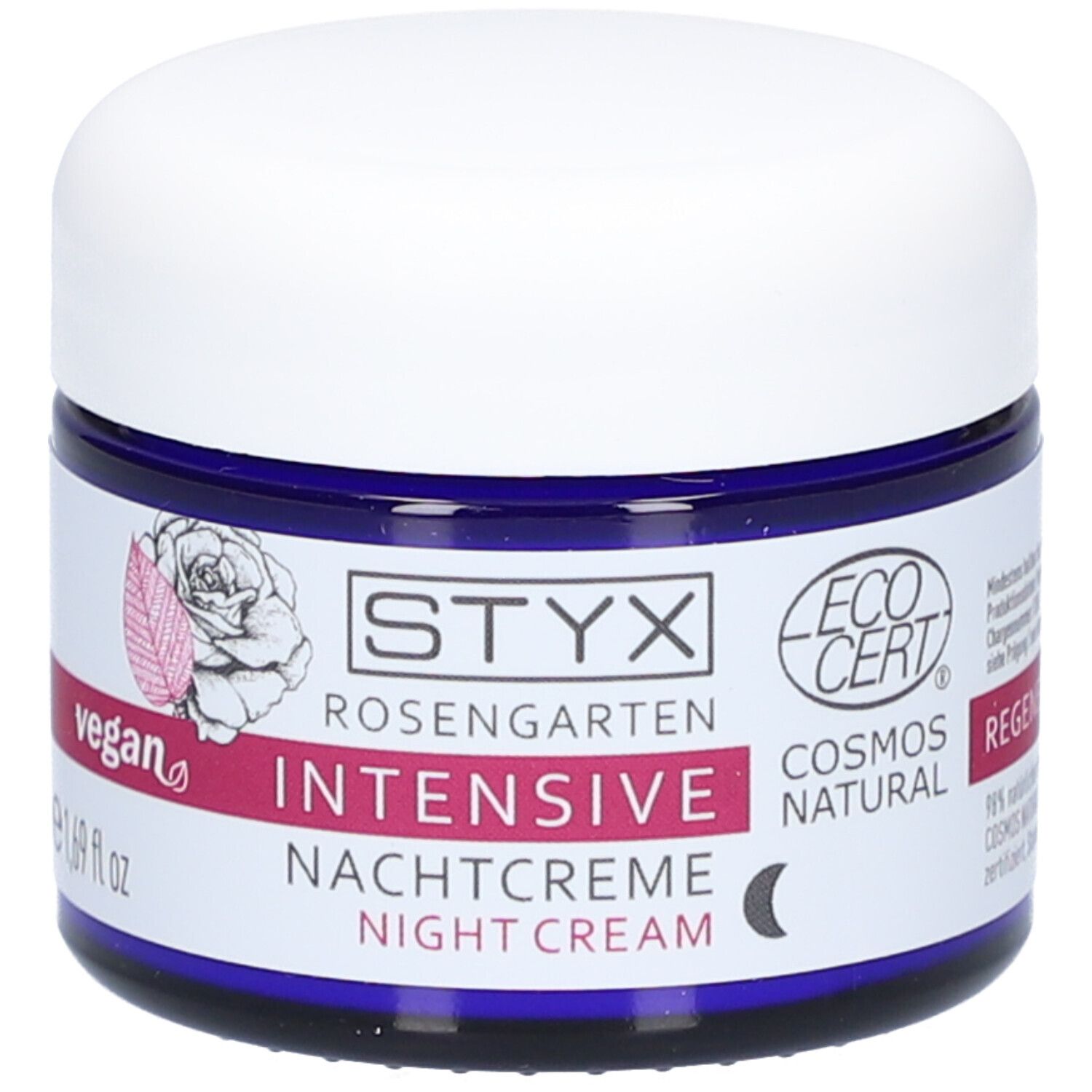 Dunkelblaue Dose mit weißem Deckel. Aufschrift: STYX Rosengarten Intensive Nachtcreme. Vegan-Logo und EcoCert-Siegel.