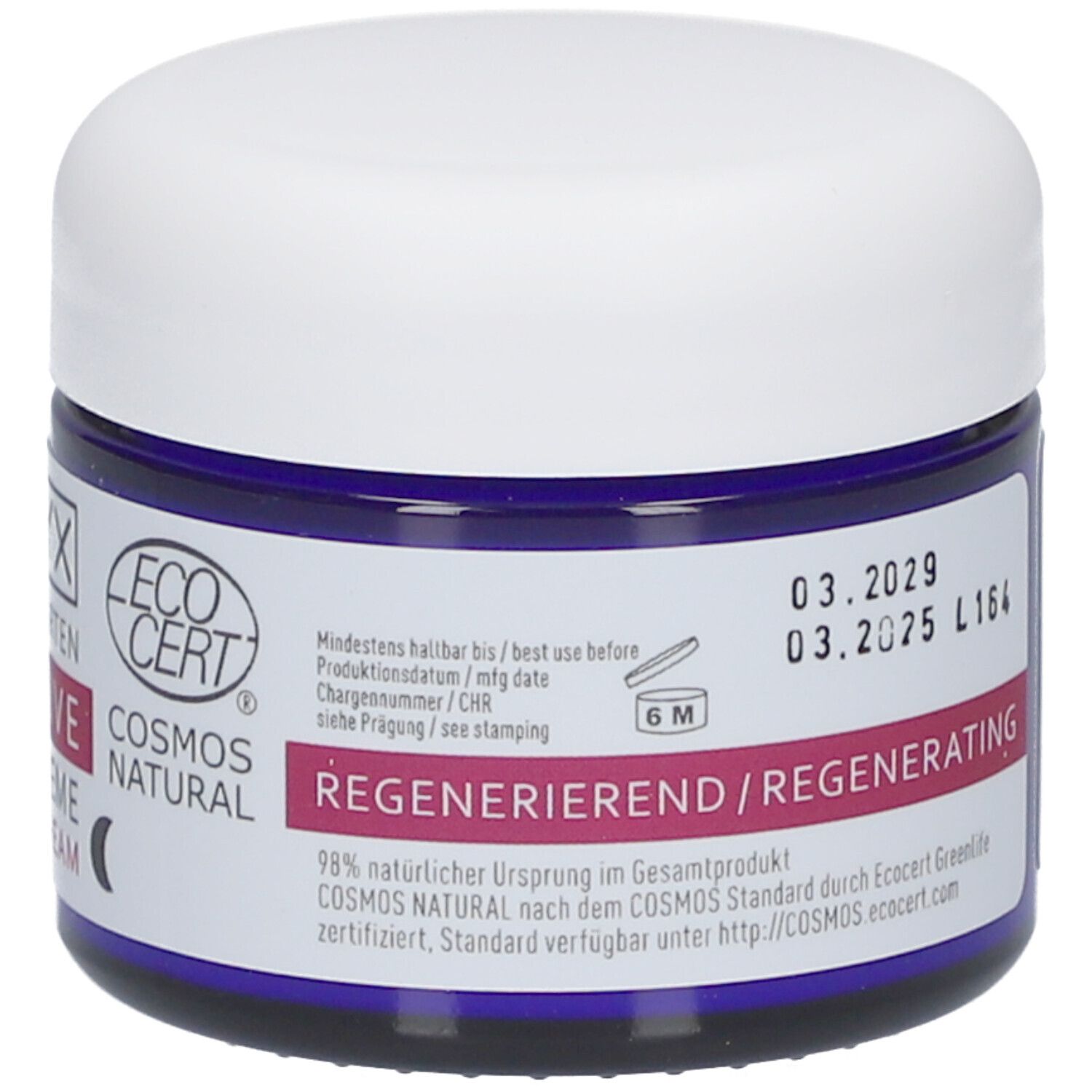 Dunkelblaue Dose mit weißem Deckel. Text: EcoCert-Siegel, Haltbarkeitsdatum, Regenerierend. 98% natürlicher Ursprung.
