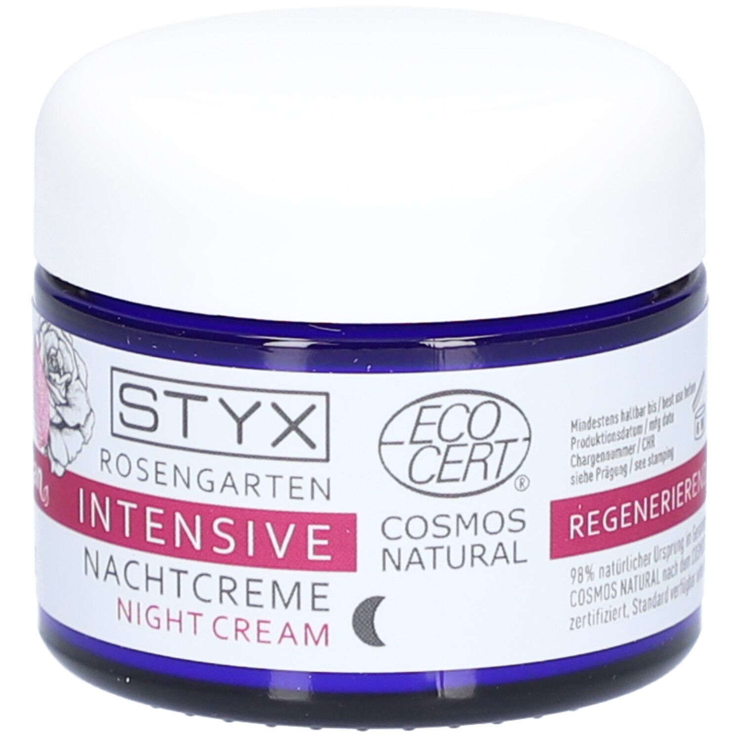 Dunkelblaue Dose mit weißem Deckel. Aufschrift: STYX Rosengarten Intensive Nachtcreme. EcoCert-Siegel und Mondsymbol.