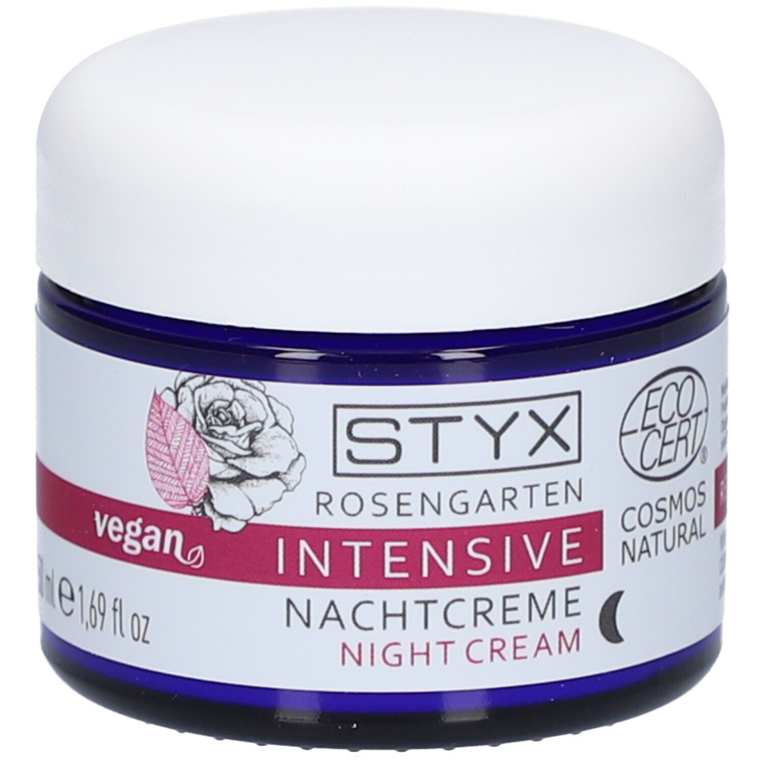 Dunkelblaue Dose mit weißem Deckel. Aufschrift: STYX Rosengarten Intensive Nachtcreme. Vegan-Logo und EcoCert-Siegel.