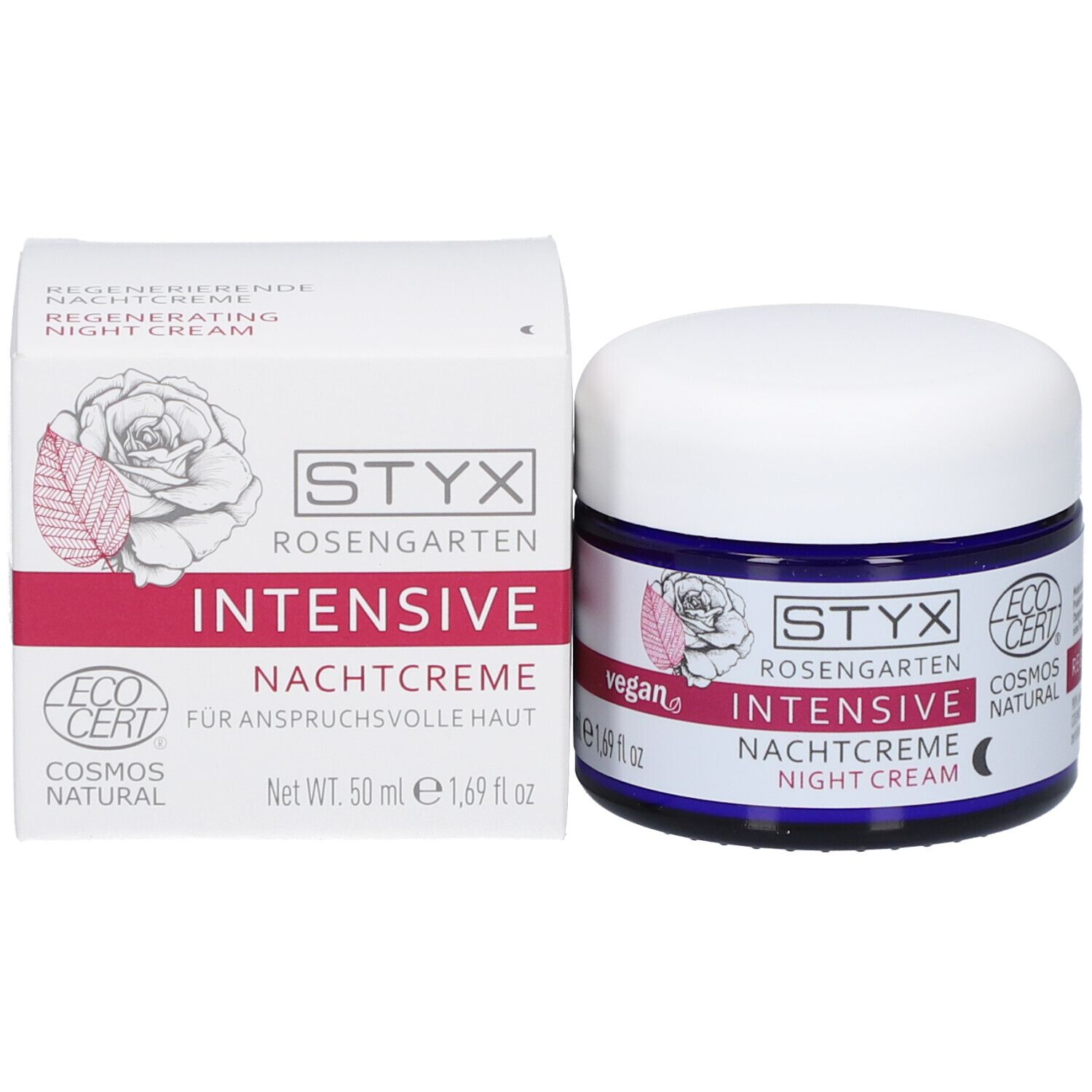 Dunkelblaue Dose und Verpackung. Aufschrift: STYX Rosengarten Intensive Nachtcreme. EcoCert-Siegel. 50 ml.