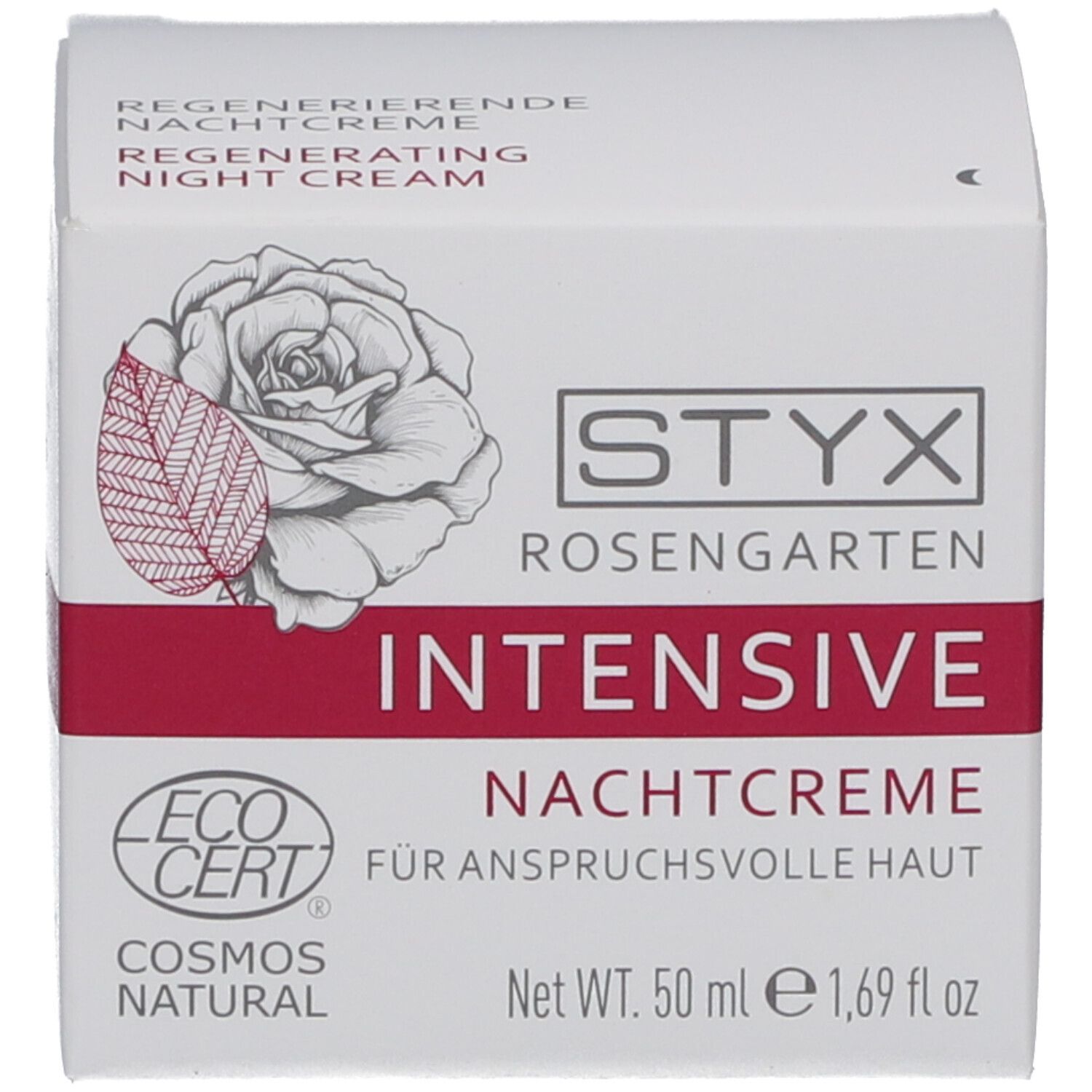 Weiße Verpackung. Aufschrift: STYX Rosengarten Intensive Nachtcreme. EcoCert-Siegel. Für anspruchsvolle Haut. 50 ml.