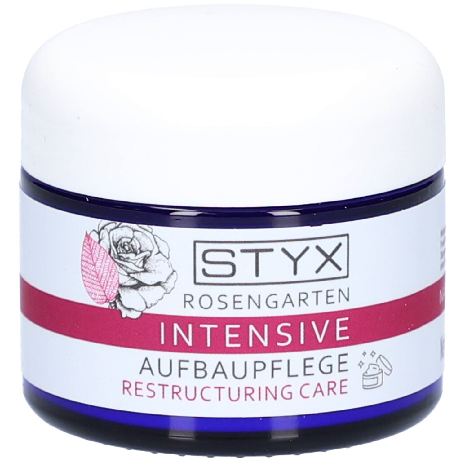 Creme-Tiegel mit weißem Deckel und blauem Rand. Aufschrift: STYX Rosengarten, INTENSIVE Aufbaupflege.