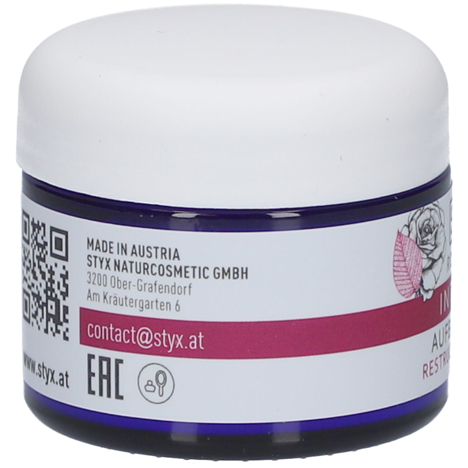 Rückseite des Creme-Tiegels. Aufschrift: STYX Naturcosmetic, Made in Austria, QR-Code, contact@styx.at.