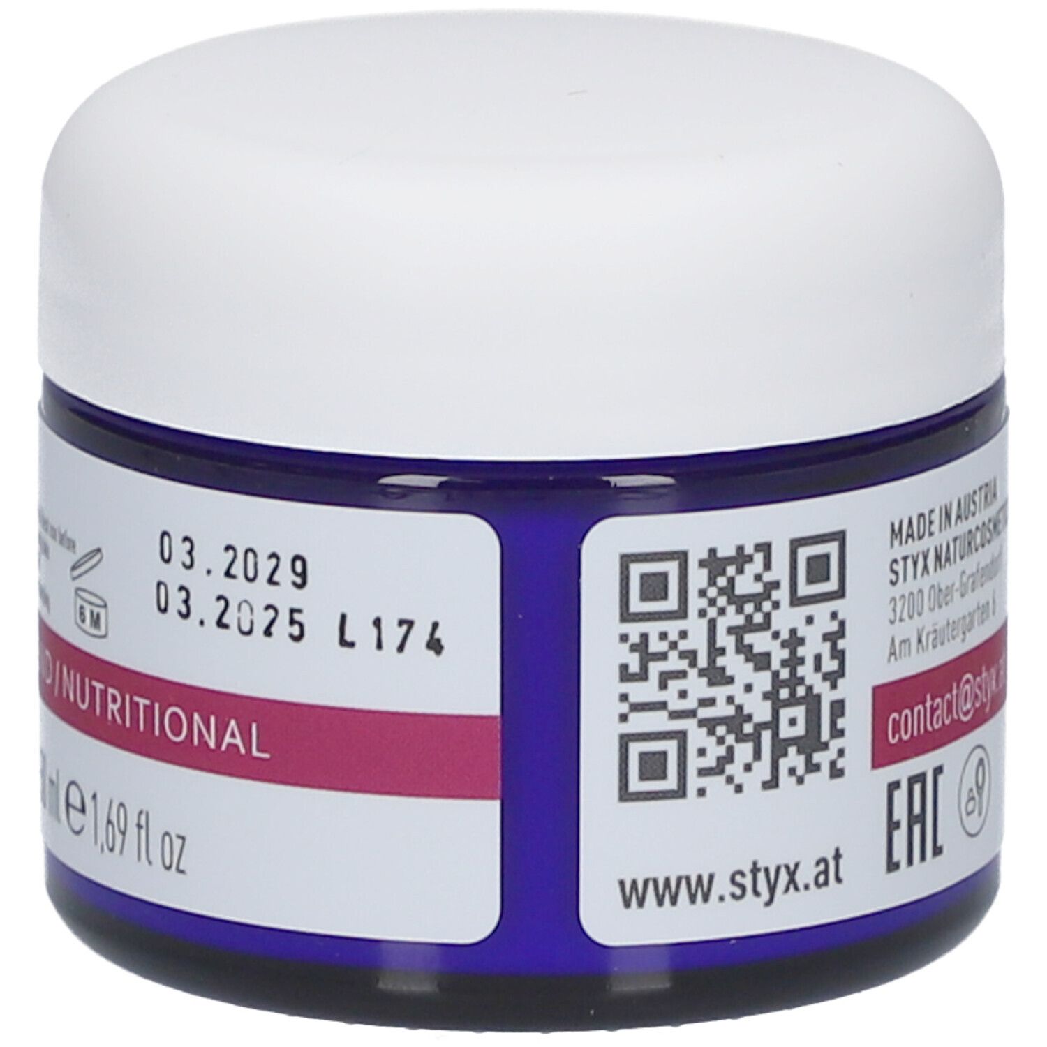 Creme-Tiegel mit Datumsangaben: 03.2029, 03.2025. Aufschrift: NÄHREND/NUTRITIONAL, 50 ml, 1.69 fl oz.