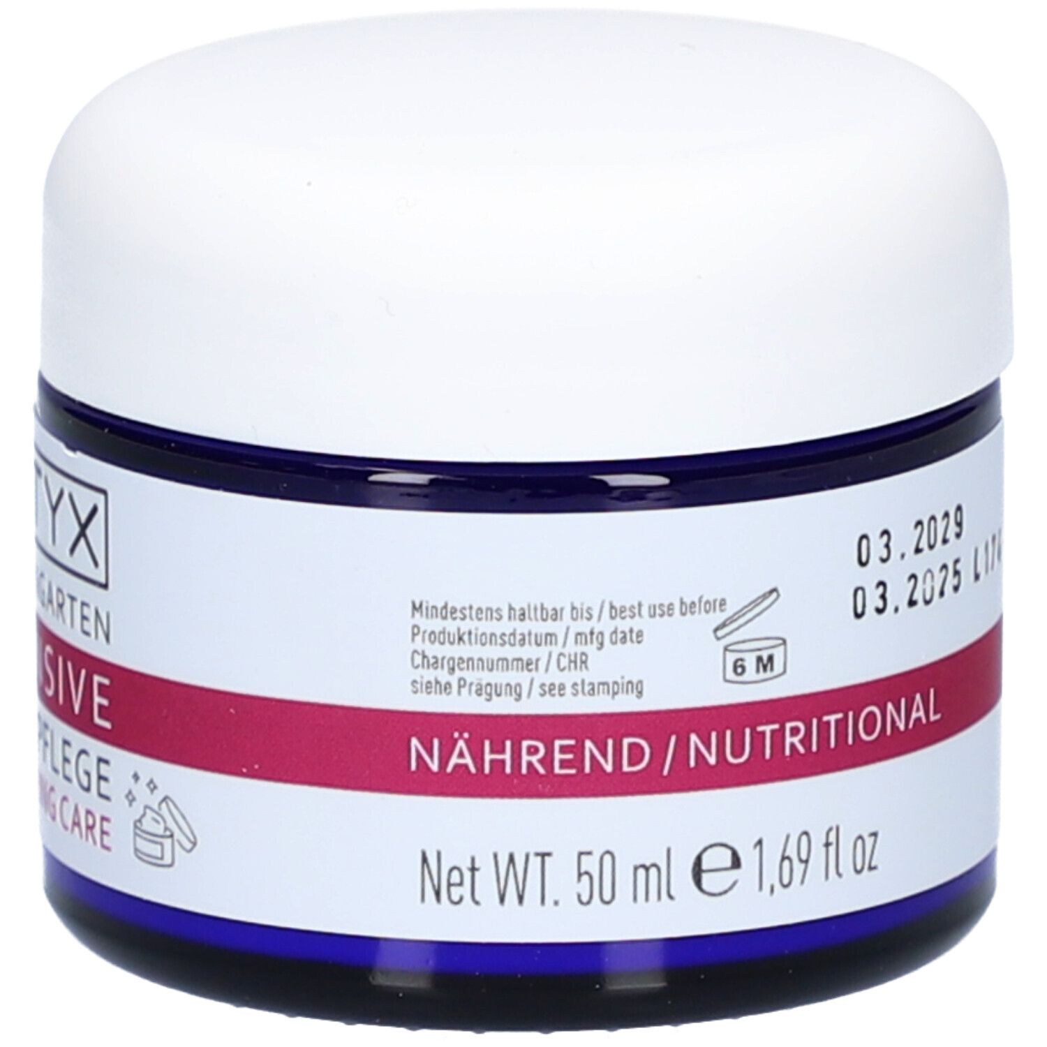 Creme-Tiegel mit Datumsangaben: 03.2029, 03.2025. Aufschrift: NÄHREND/NUTRITIONAL, 50 ml, 1.69 fl oz.