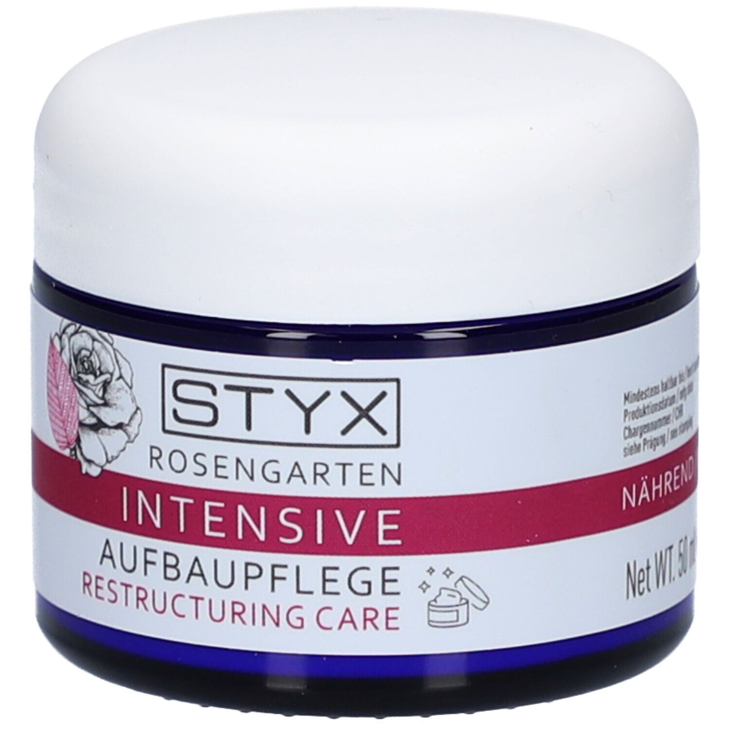 Creme-Tiegel mit weißem Deckel und blauem Rand. Aufschrift: STYX Rosengarten, INTENSIVE Aufbaupflege.