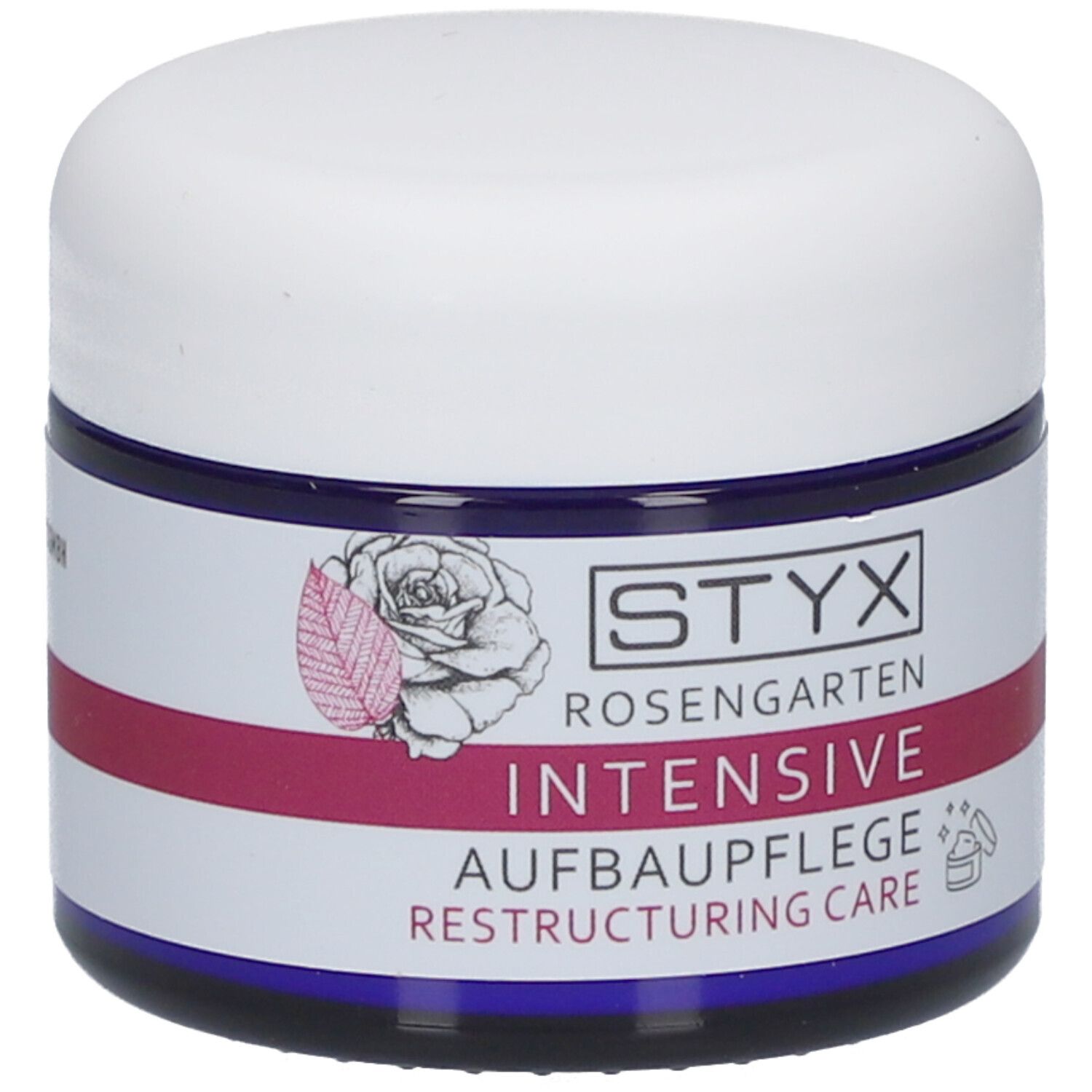 Creme-Tiegel mit weißem Deckel und blauem Rand. Aufschrift: STYX Rosengarten, INTENSIVE Aufbaupflege.