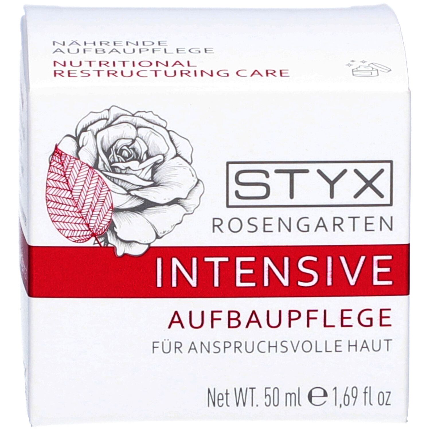 Verpackung. Aufschrift: STYX Rosengarten, INTENSIVE Aufbaupflege, 50 ml, 1.69 fl oz, für anspruchsvolle Haut.