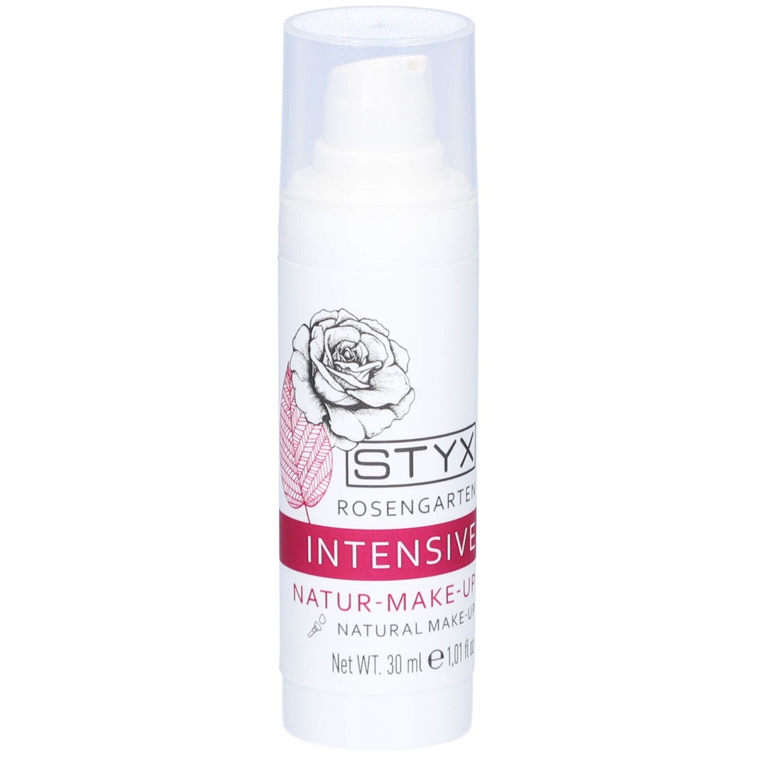 Weiße Flasche mit Pumpe und Deckel. STYX Rosengarten INTENSIVE Natur-Make-Up. Rose-Illustration. 30 ml.