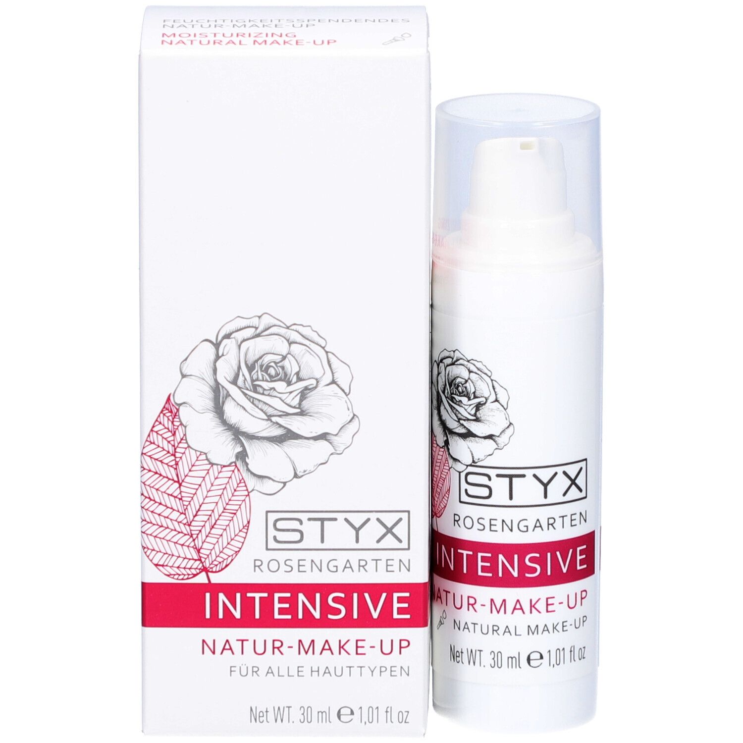 Weiße Verpackung und Flasche. STYX Rosengarten INTENSIVE Natur-Make-Up. Rose-Illustration. 30 ml. Für alle Hauttypen.