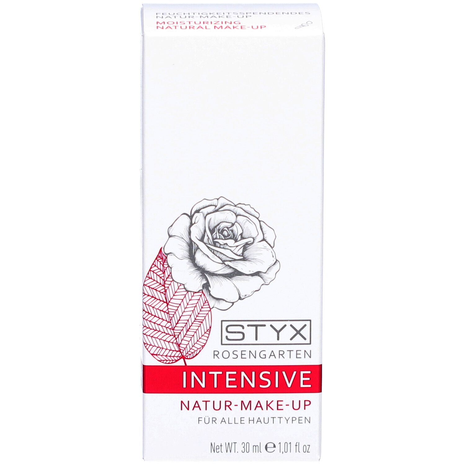Weiße Verpackung. STYX Rosengarten INTENSIVE Natur-Make-Up. Rose-Illustration. 30 ml. Für alle Hauttypen.