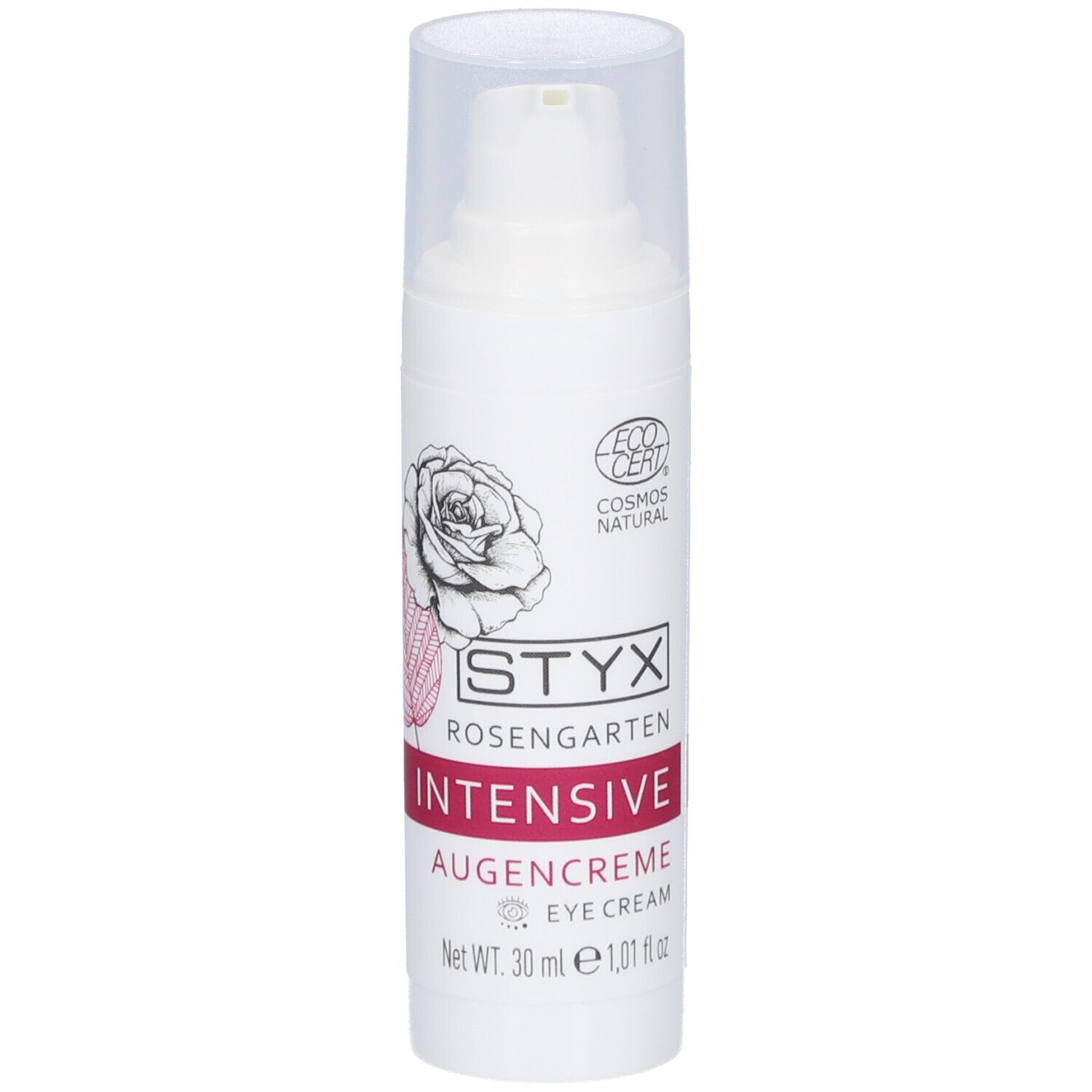 Weiße Flasche mit Pumpe. Aufdruck: STYX Rosengarten INTENSIVE Augencreme, 30 ml, Cosmos Natural Zertifizierung.