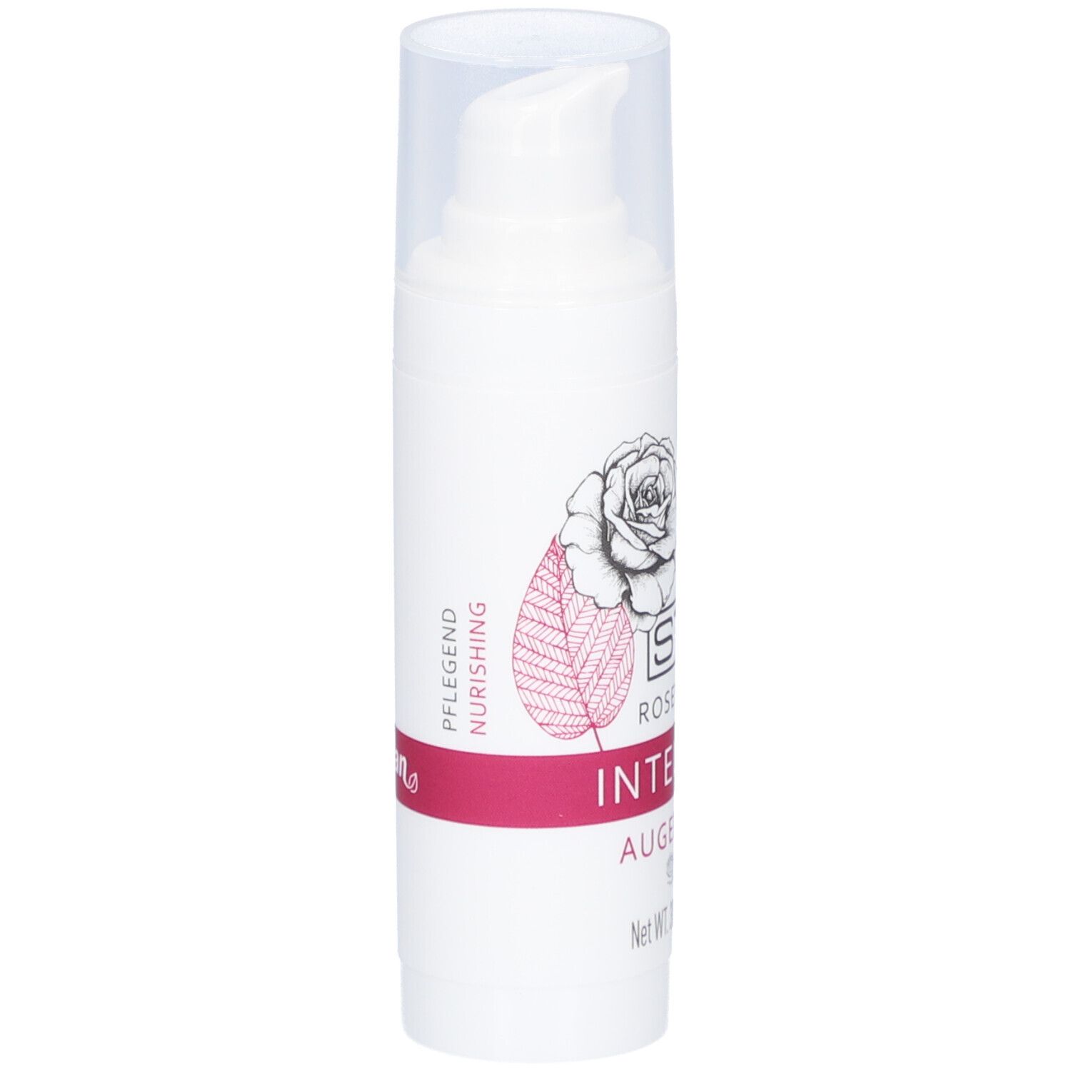 Weiße Flasche mit Pumpe. Aufdruck: STYX Rosengarten INTENSIVE Augencreme. Seite mit Text und Logo.