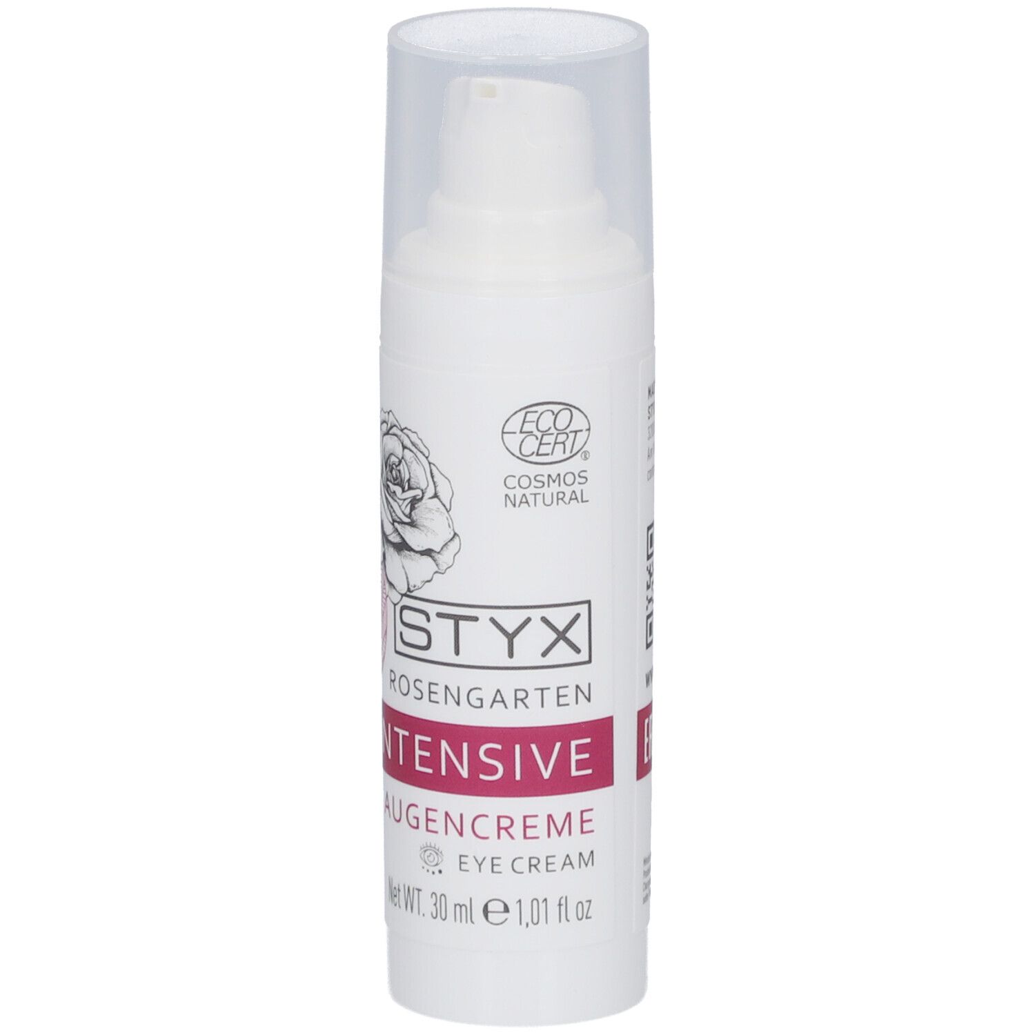 Weiße Flasche mit Pumpe. Aufdruck: STYX Rosengarten INTENSIVE Augencreme, 30 ml, Cosmos Natural Zertifizierung.