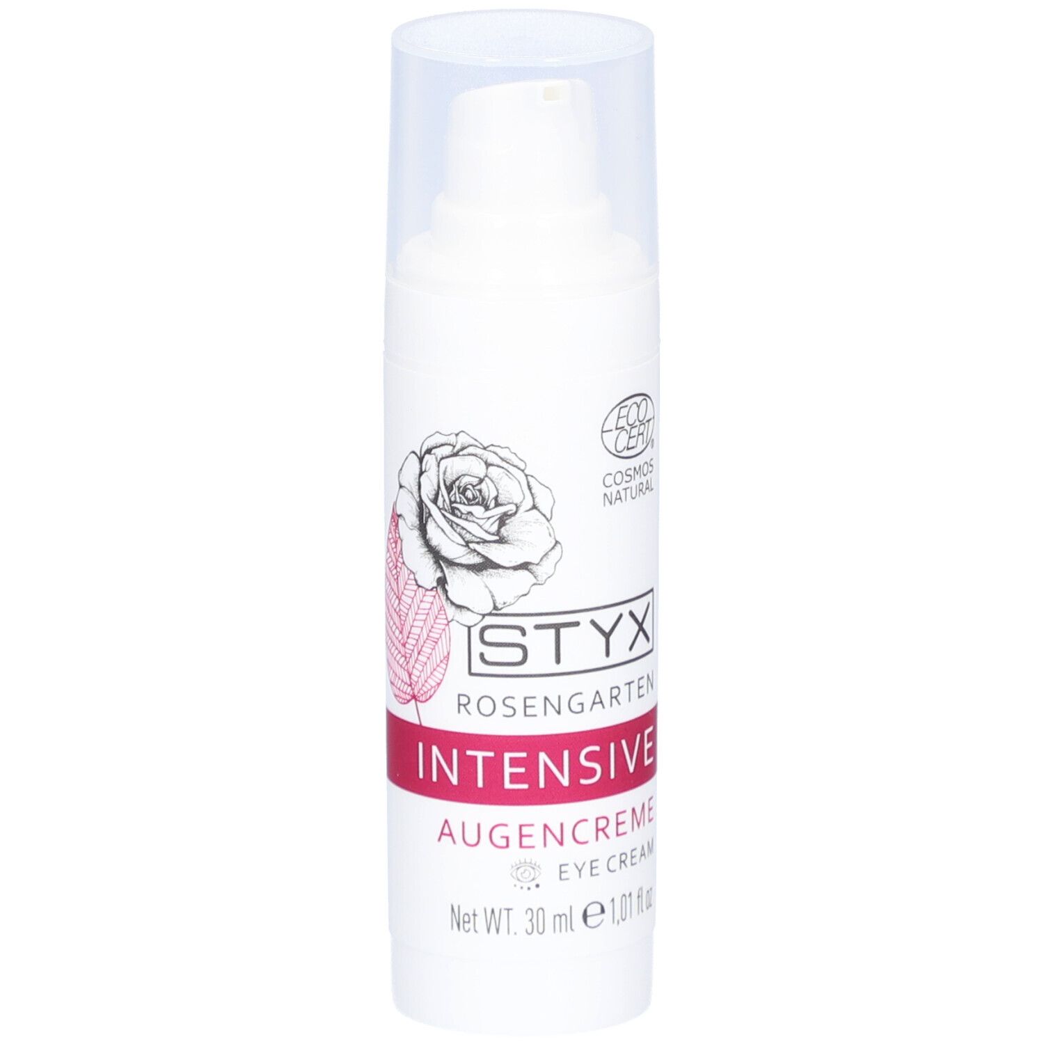 Weiße Flasche mit Pumpe. Aufdruck: STYX Rosengarten INTENSIVE Augencreme, 30 ml, Cosmos Natural Zertifizierung.