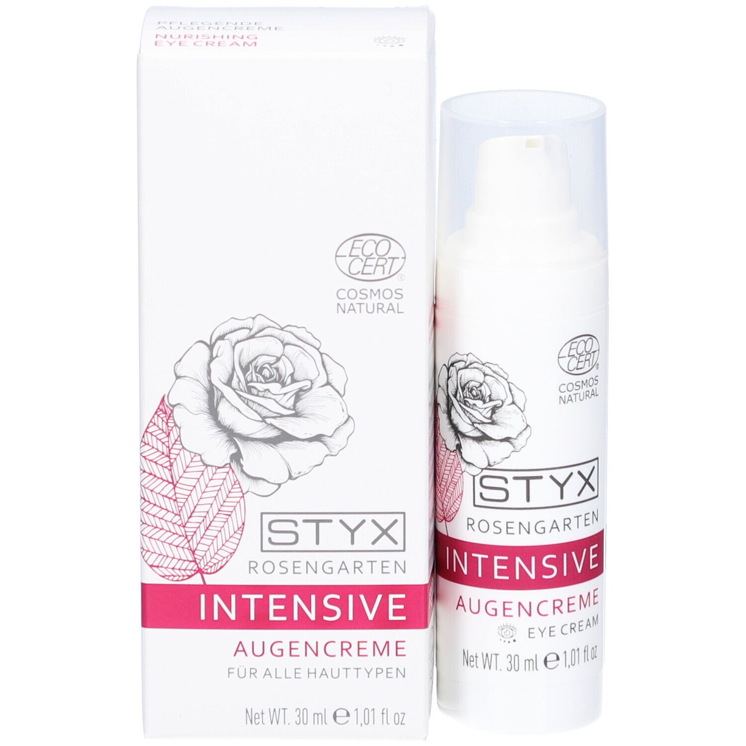 Weiße Flasche mit Pumpe und Karton. Aufdruck: STYX Rosengarten INTENSIVE Augencreme, 30 ml, Cosmos Natural Zertifizierung.