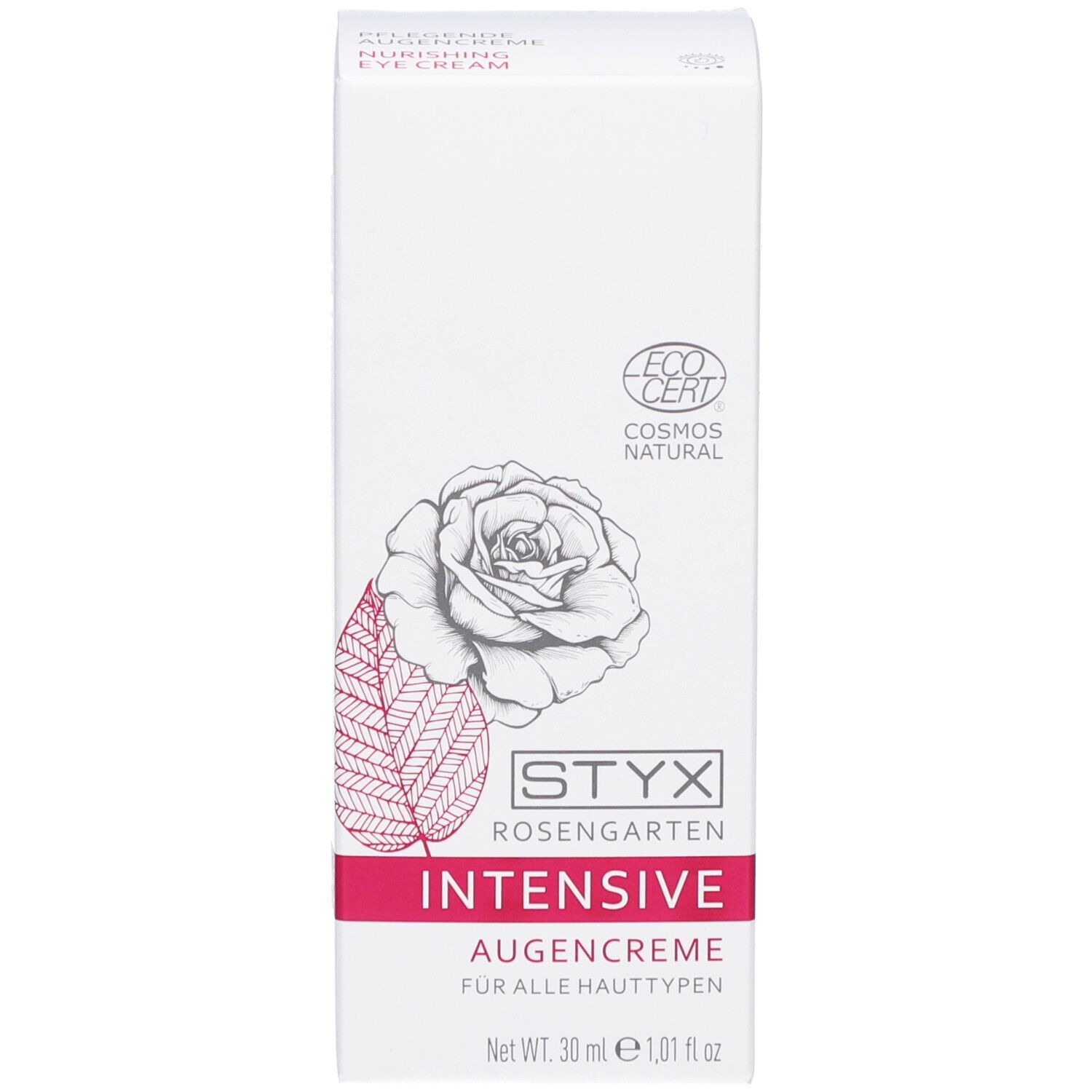Karton mit Aufdruck: STYX Rosengarten INTENSIVE Augencreme, Cosmos Natural Zertifizierung. Text: Für alle Hauttypen.