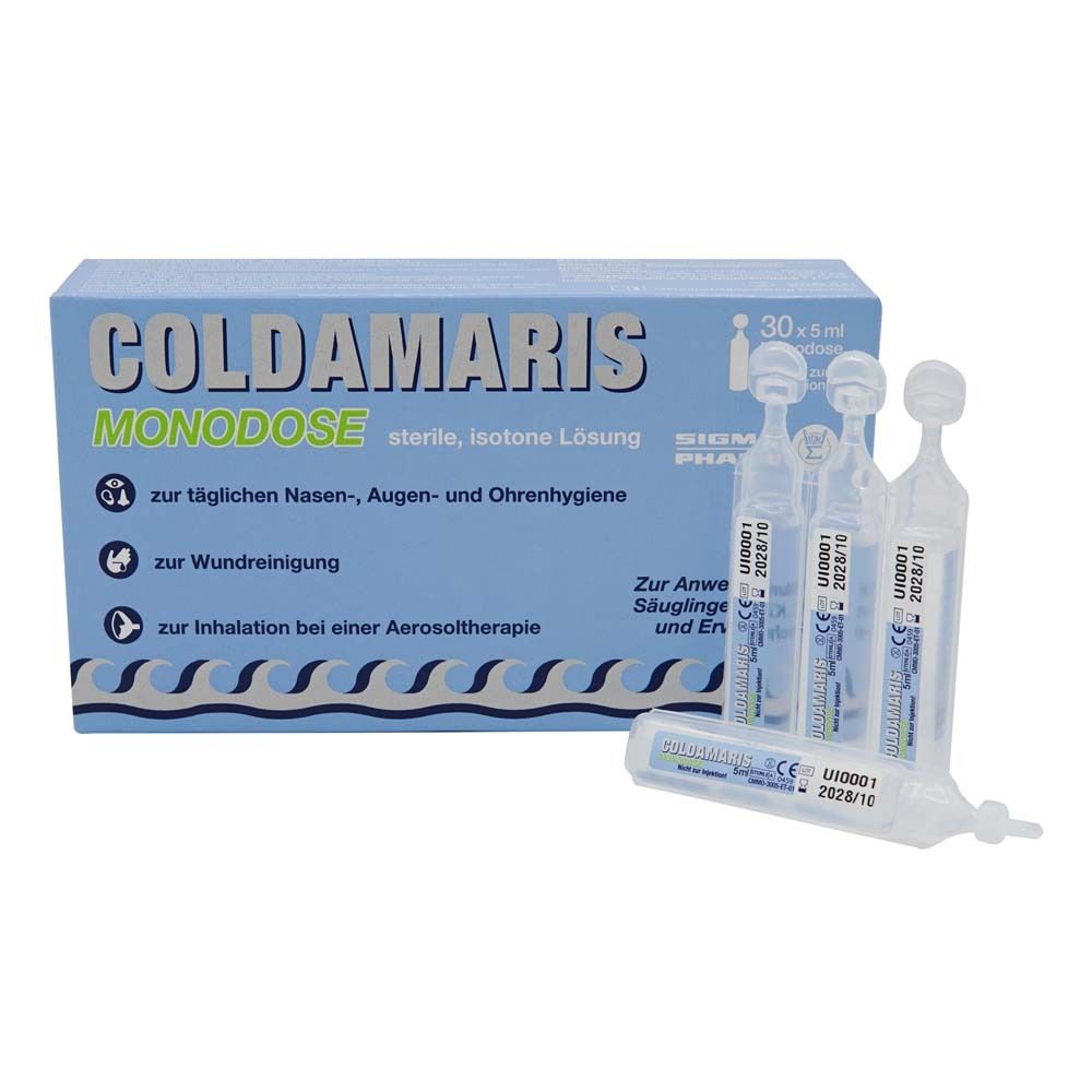 Blau-weiße Schachtel mit Coldamaris Monodose und Ampullen. Enthält 30 x 5 ml. Text: sterile, isotone Lösung. Für Säuglinge, Kinder und Erwachsene.