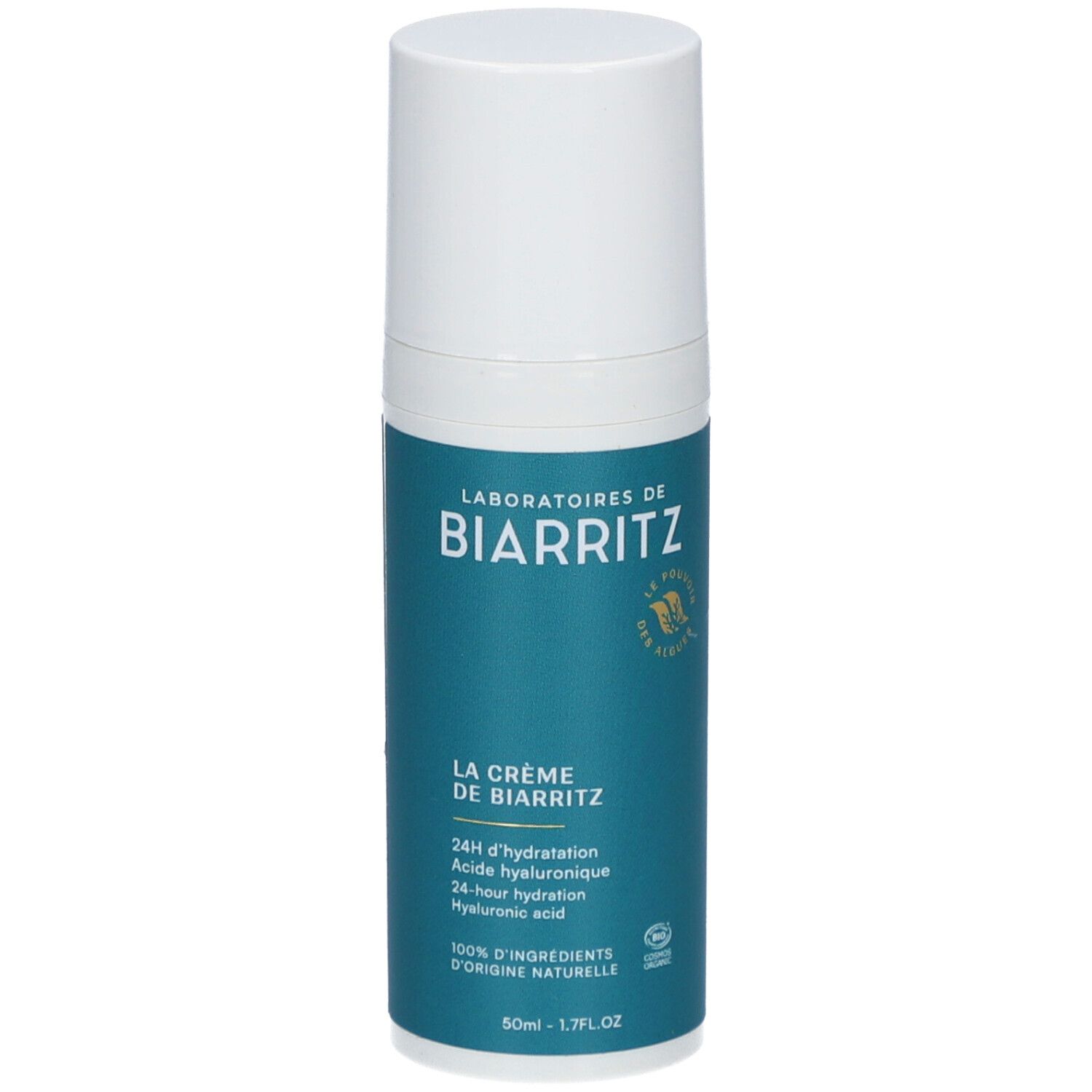 Creme-Flakon mit weißem Deckel. Aufschrift: LABORATOIRES DE BIARRITZ, La Crème de Biarritz. Zertifiziert bio.