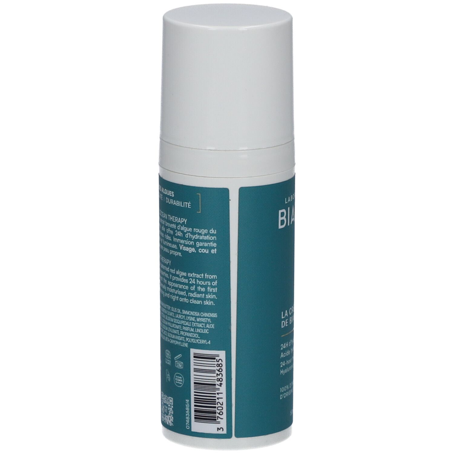 Rückseite des Creme-Flakons. Text: Ocean Therapy, 24h Hydratation, Inhaltsstoffe, ECOCERT-Zertifizierung, Barcode.