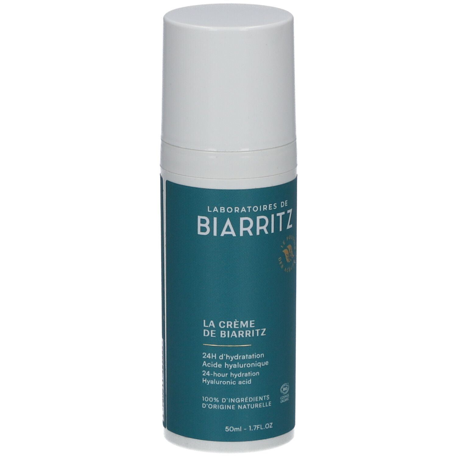 Creme-Flakon mit weißem Deckel. Aufschrift: LABORATOIRES DE BIARRITZ, La Crème de Biarritz. 24h Hydratation, 100% Ingrédients d'origine naturelle.