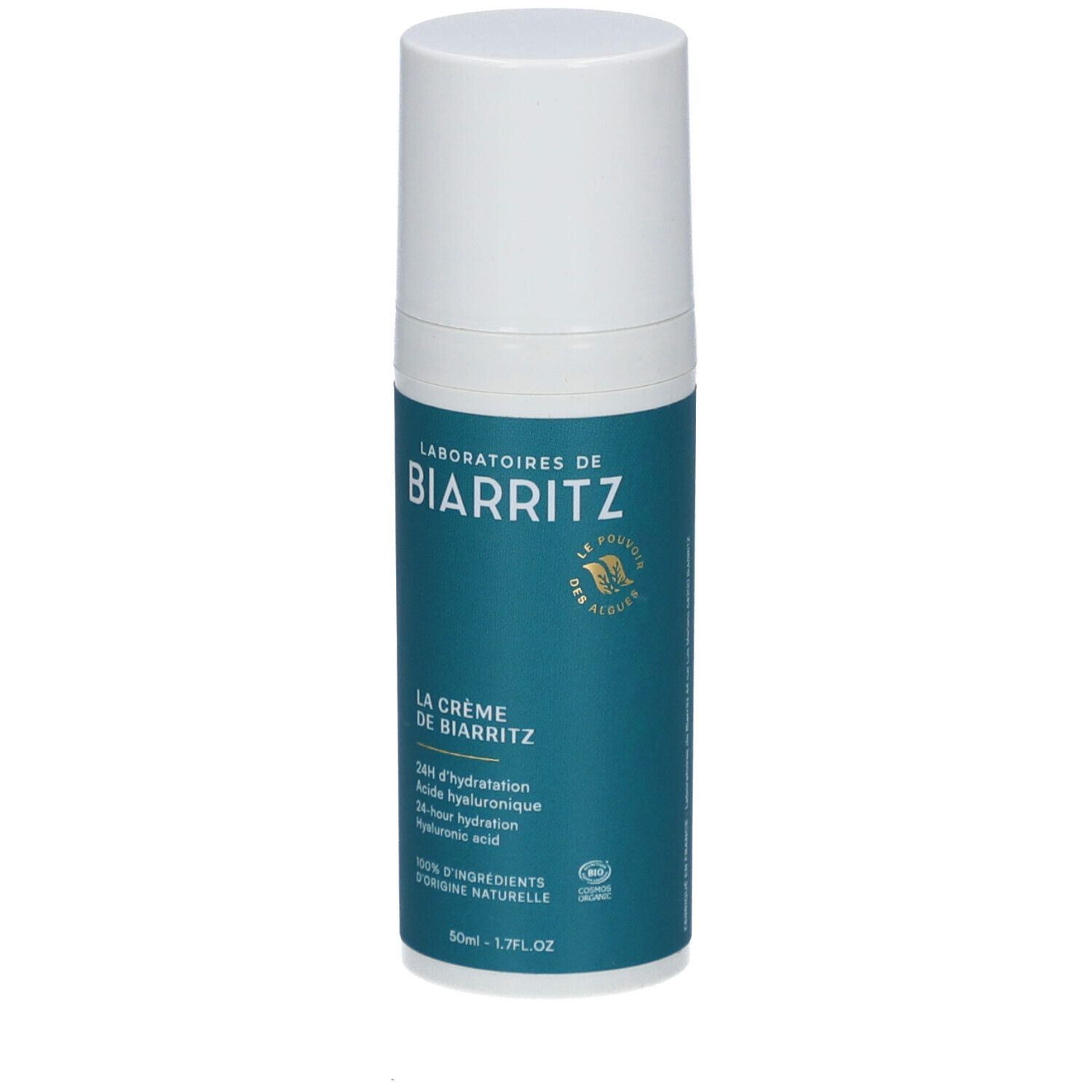 Creme-Flakon mit weißem Deckel. Aufschrift: LABORATOIRES DE BIARRITZ, La Crème de Biarritz. Bio-Zertifizierung.