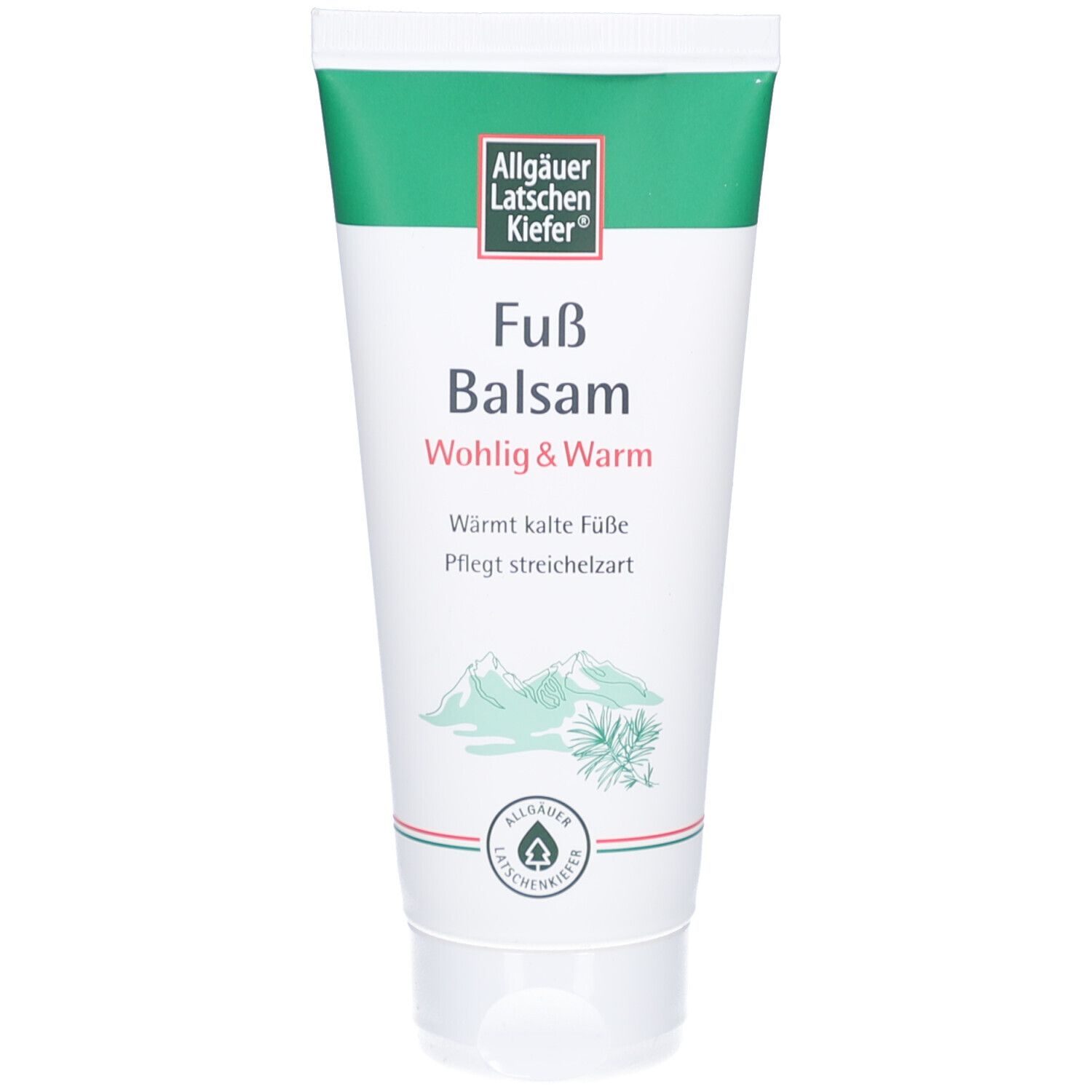 Tube Allgäuer Latschenkiefer Fuß-Balsam. Weiß, grüner Deckel und Streifen. Text: Fuß Balsam, Wohlig & Warm. Logo mit Bergmotiv.