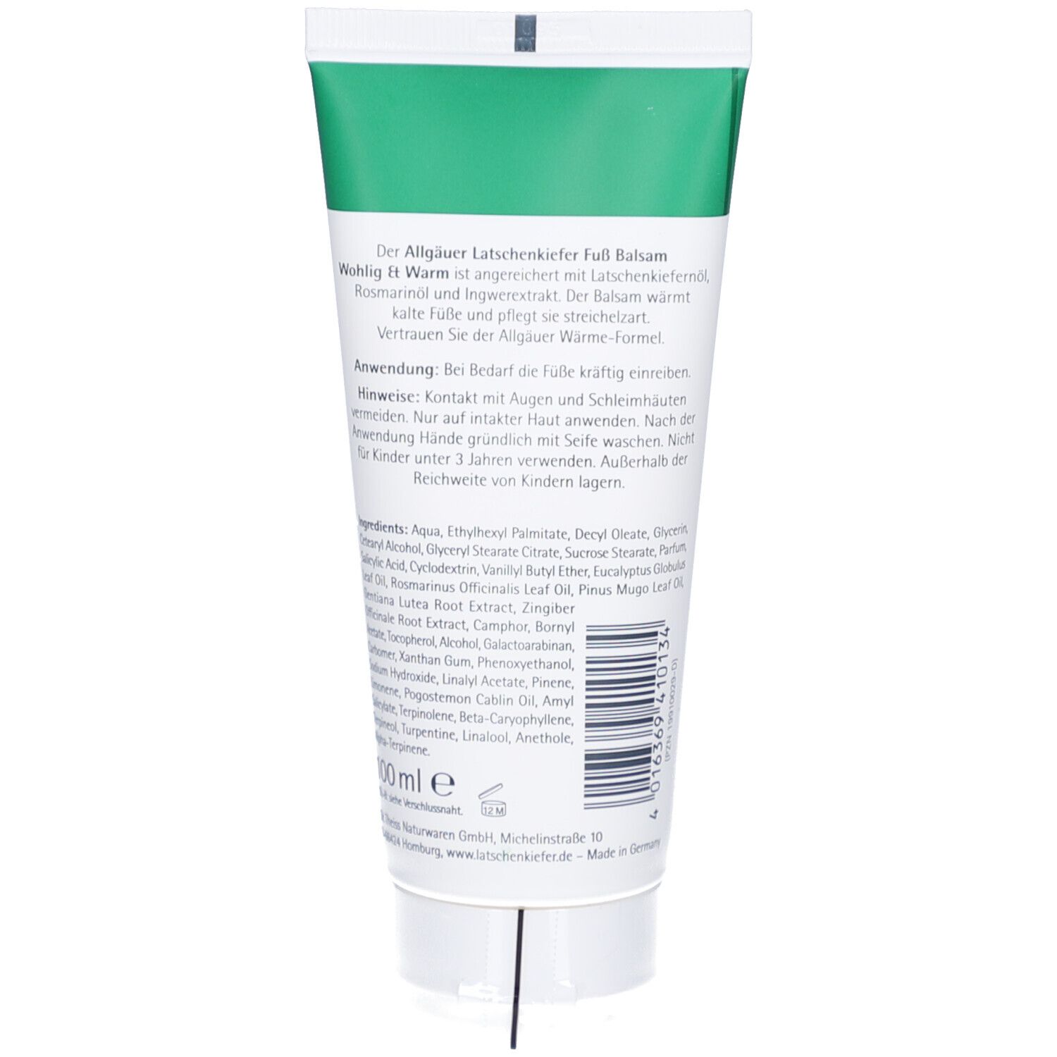 Rückseite der Tube Allgäuer Latschenkiefer Fuß-Balsam. Text und Inhaltsstoffe. Barcode unten. Weiße Tube mit grünem Deckel.
