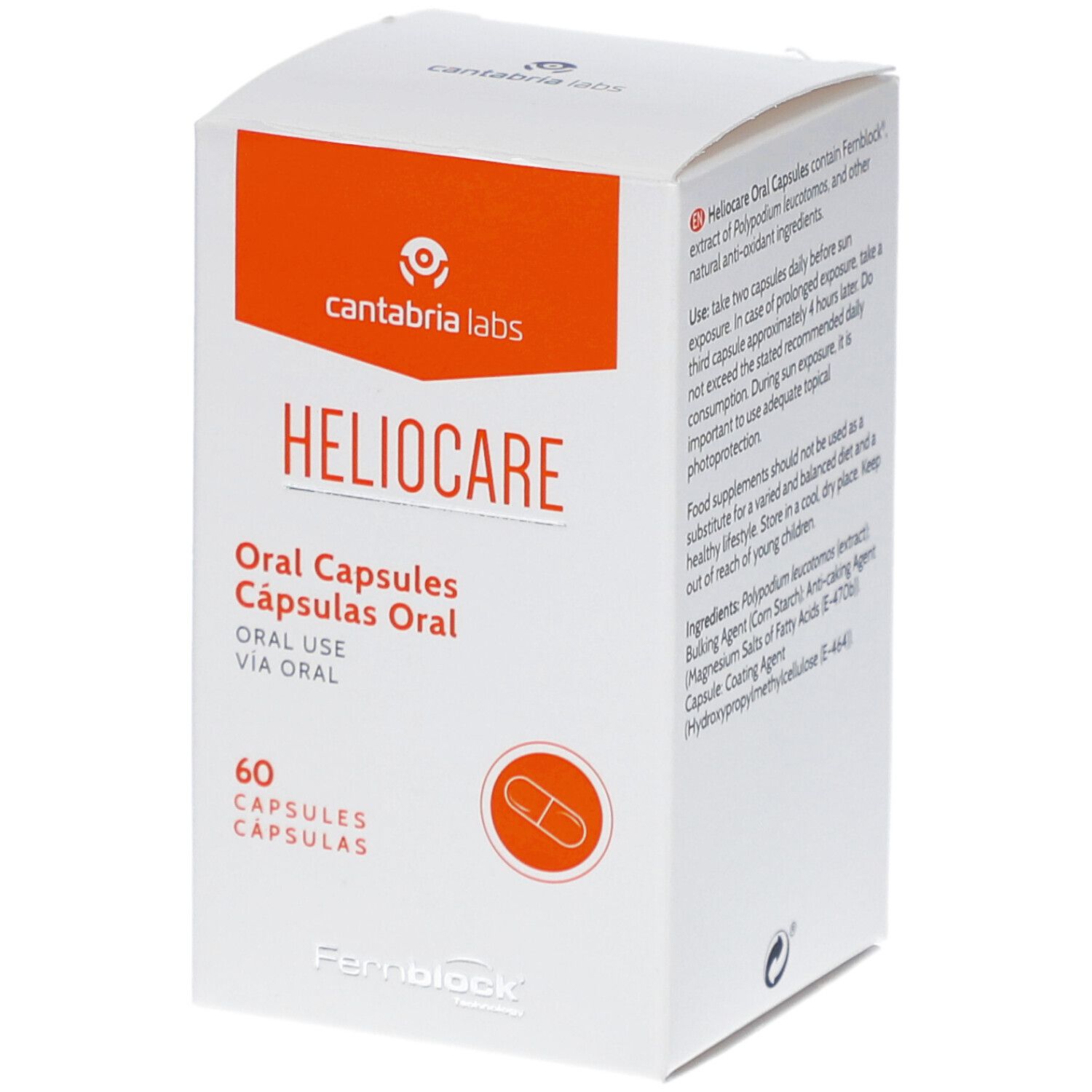 Weißer Karton mit orangefarbenem Akzent. Aufschrift: HELIOCARE, Oral Capsules, 60 Kapseln. Logo: cantabria labs.