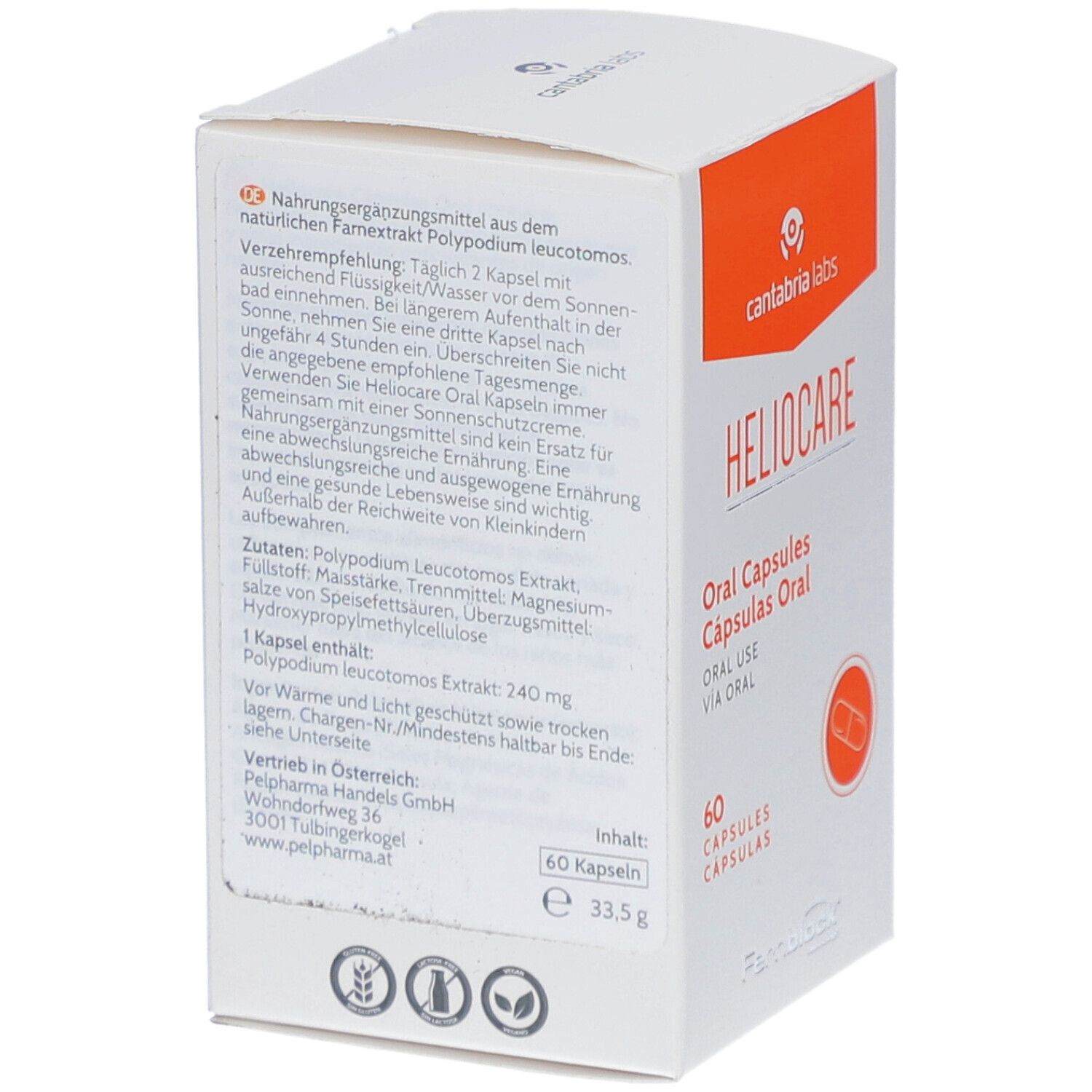 Rückseite der weißen Schachtel. Text in deutscher Sprache. Logo: cantabria labs. Enthält 60 Kapseln. Nettogewicht: 33,5 g.