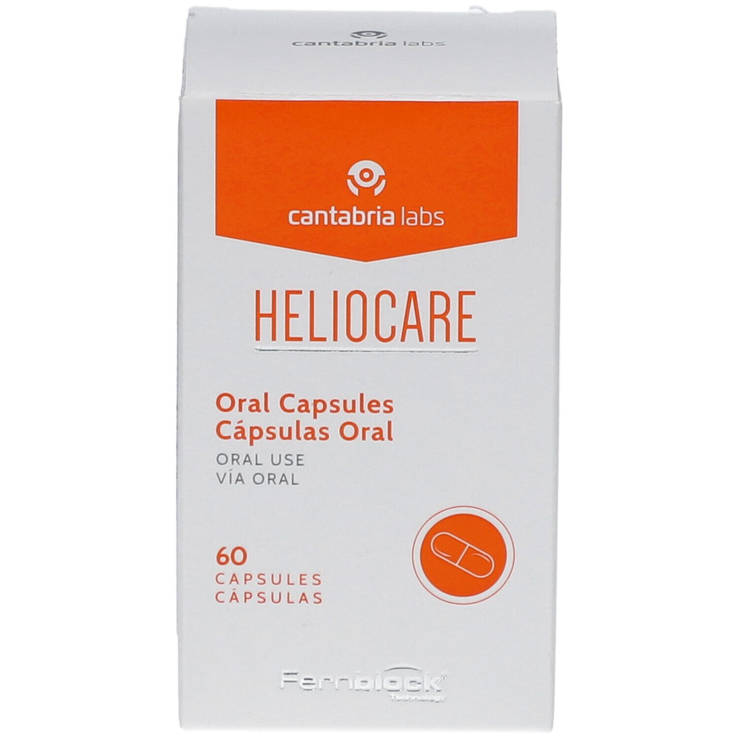 Weiße Schachtel mit orangefarbenem Akzent. Aufschrift: HELIOCARE, Oral Capsules, 60 Kapseln. Logo: cantabria labs.
