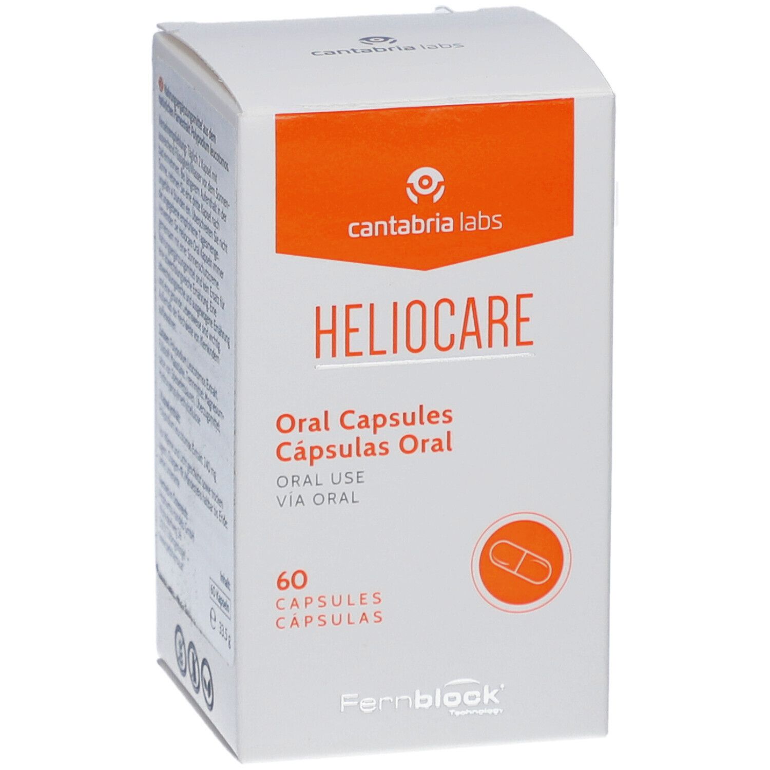 Weiße Schachtel mit orangefarbenem Akzent. Aufschrift: HELIOCARE, Oral Capsules, 60 Kapseln. Logo: cantabria labs.