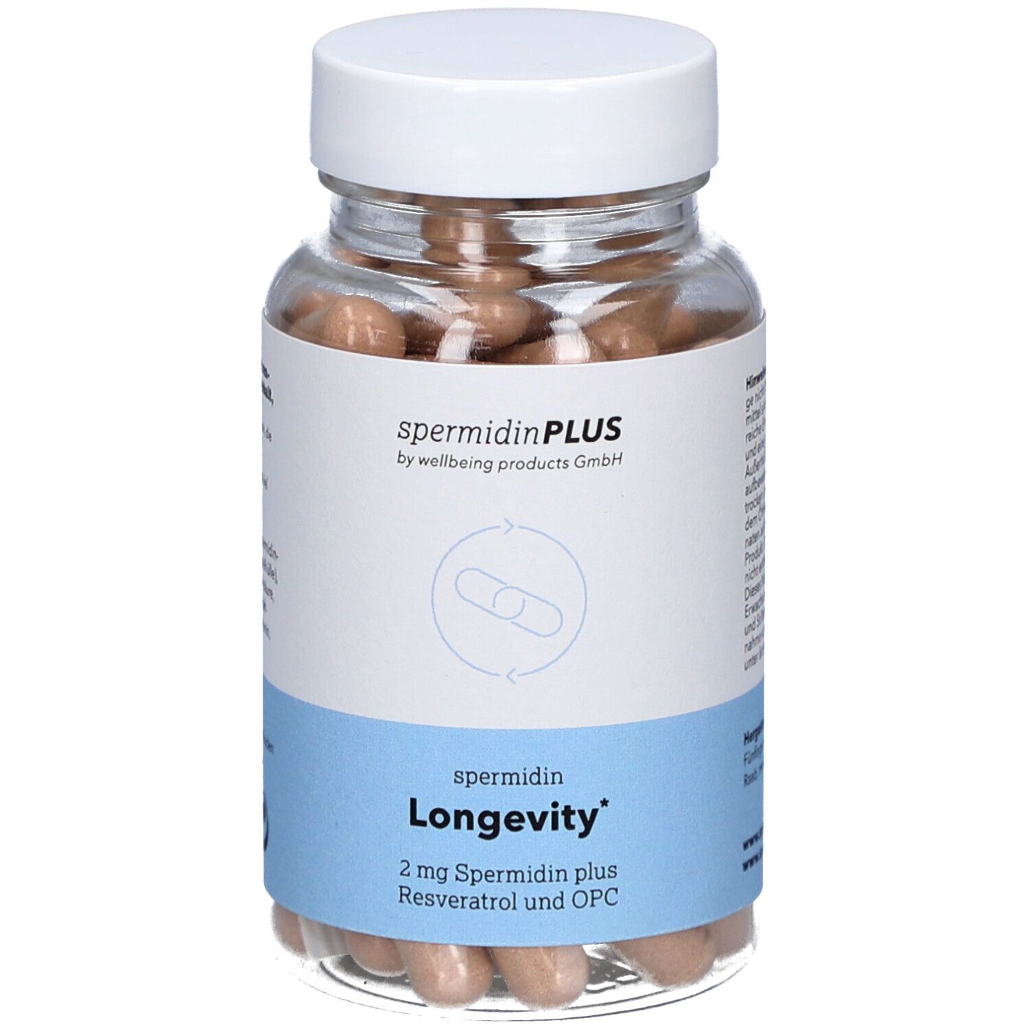 Glasflasche mit Kapseln. Aufschrift: spermidinPLUS, Longevity, 2 mg Spermidin plus Resveratrol und OPC.