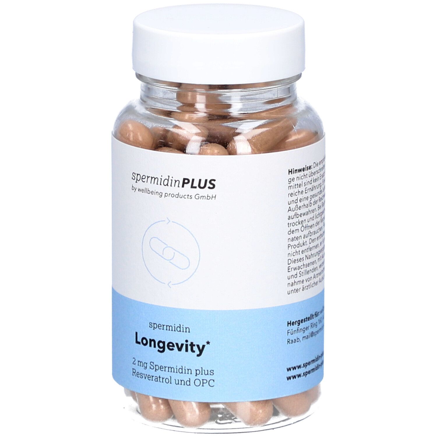 Glasflasche mit Kapseln. Aufschrift: spermidinPLUS, Longevity, 2 mg Spermidin plus Resveratrol und OPC.
