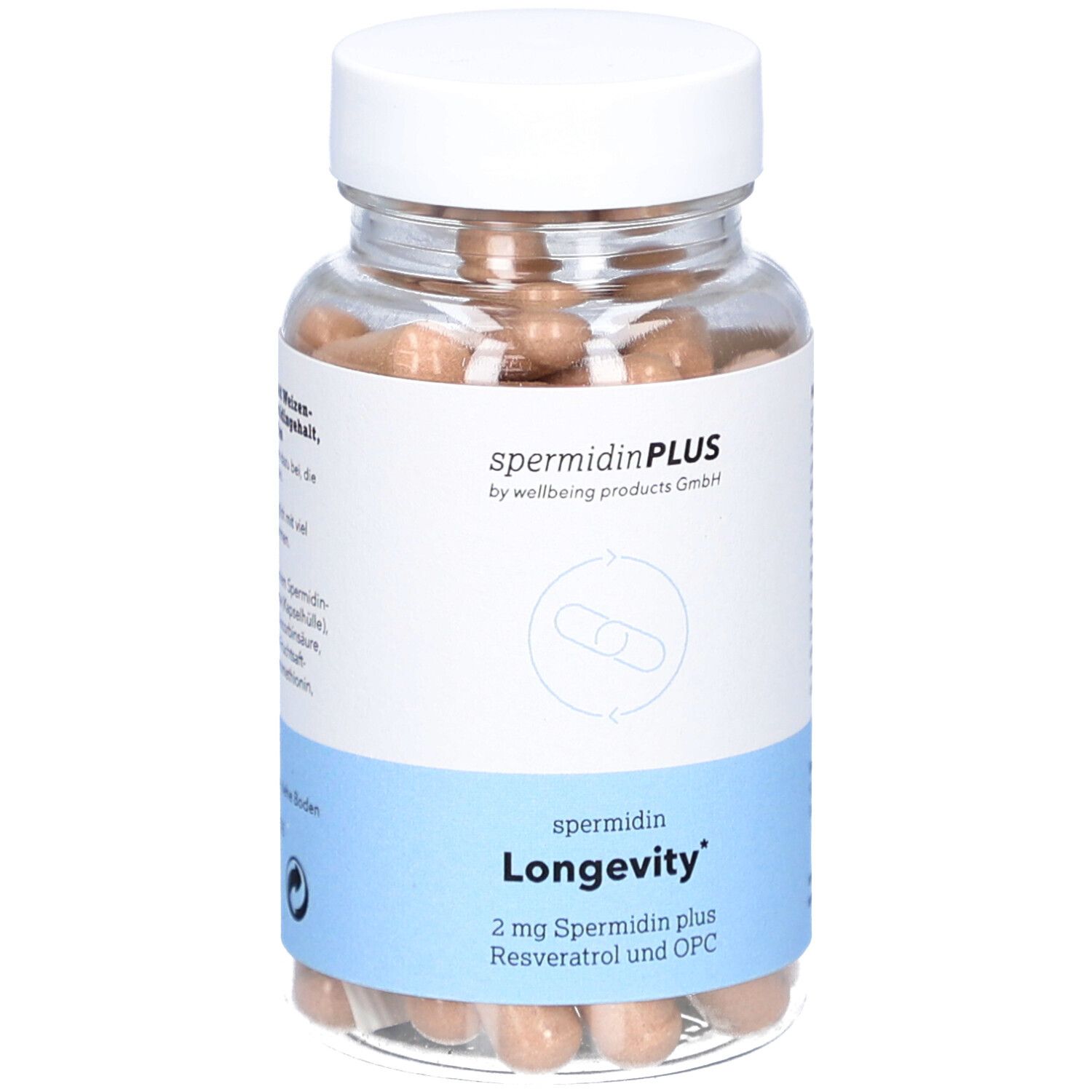 Glasflasche mit Kapseln. Aufschrift: spermidinPLUS, Longevity, 2 mg Spermidin plus Resveratrol und OPC.