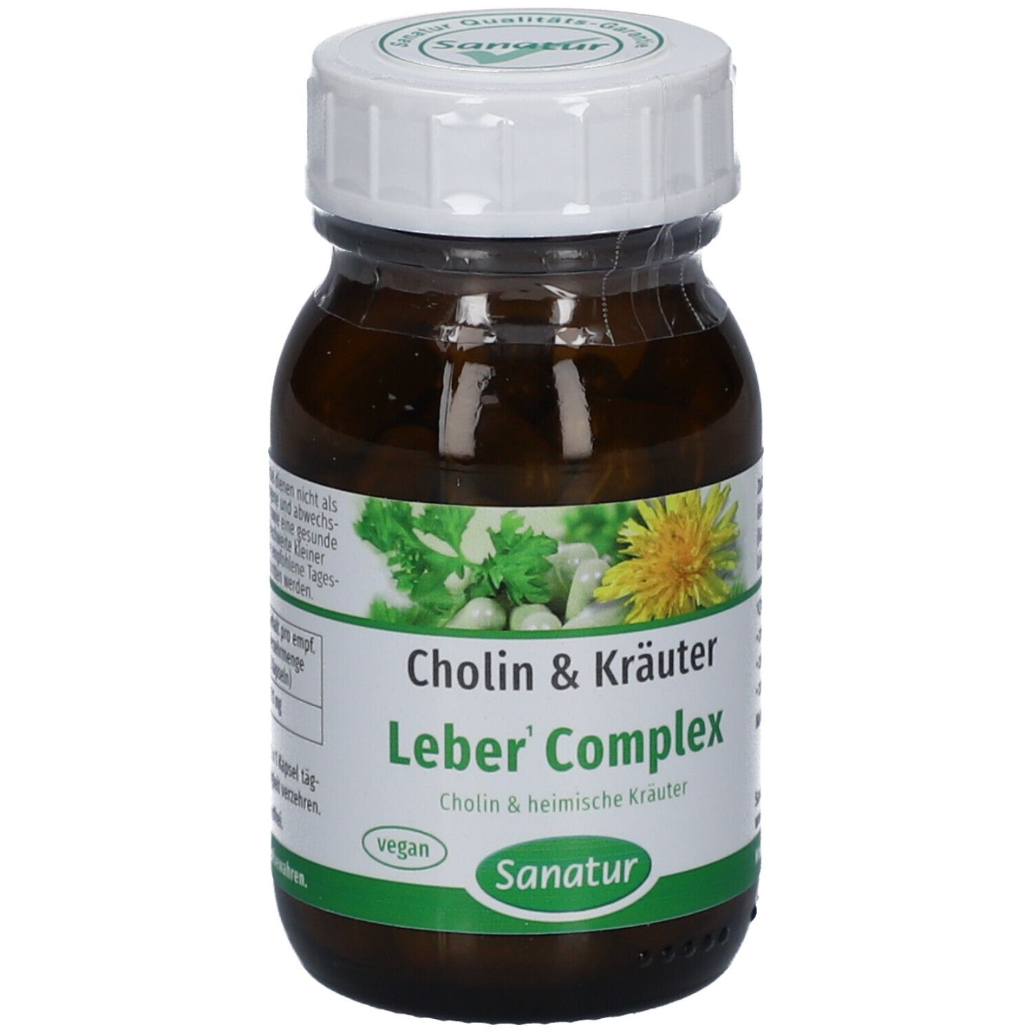Braune Glasflasche mit weißen Deckel. Aufschrift: Cholin & Kräuter Leber' Complex. Sanatur-Logo. Vegan-Siegel.