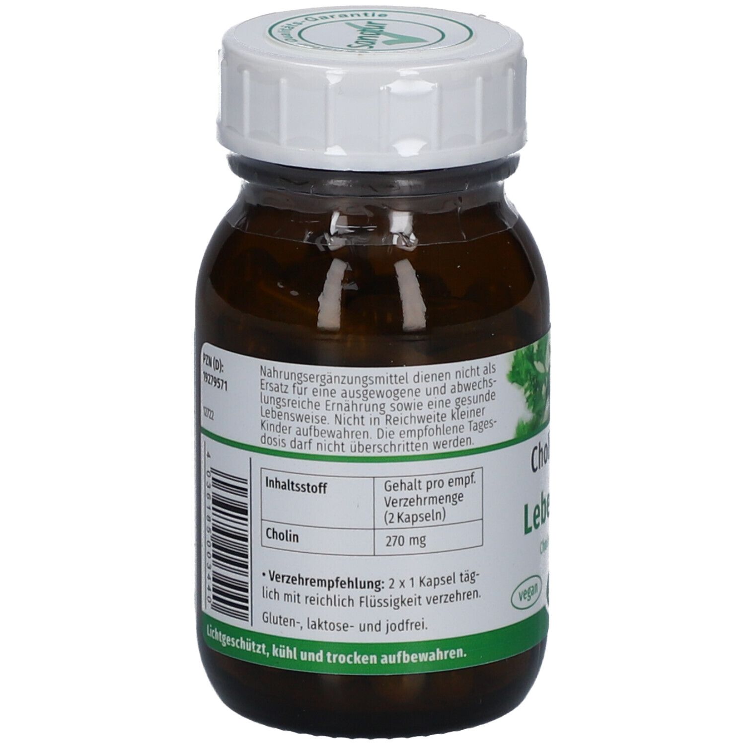 Rückseite der braunen Glasflasche. Text: Nahrungsergänzungsmittel. Inhaltsstoffe: Cholin. Dosierung: 270 mg. Vegan-Siegel.