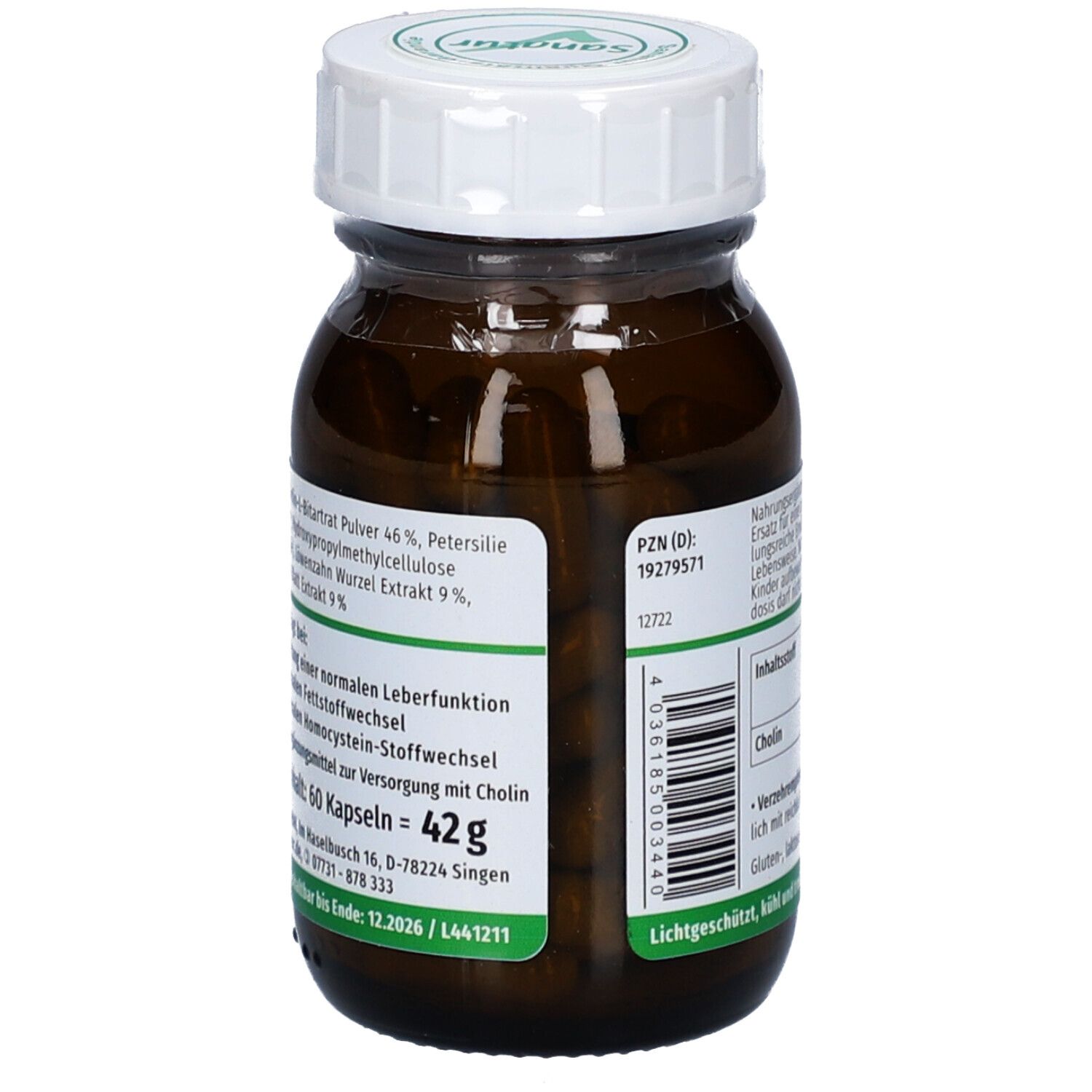 Rückseite der braunen Glasflasche. Text: Inhaltsstoffe, Inhalt: 60 Kapseln. PZN-Nummer. Mindesthaltbarkeit. Sanatur-Logo.