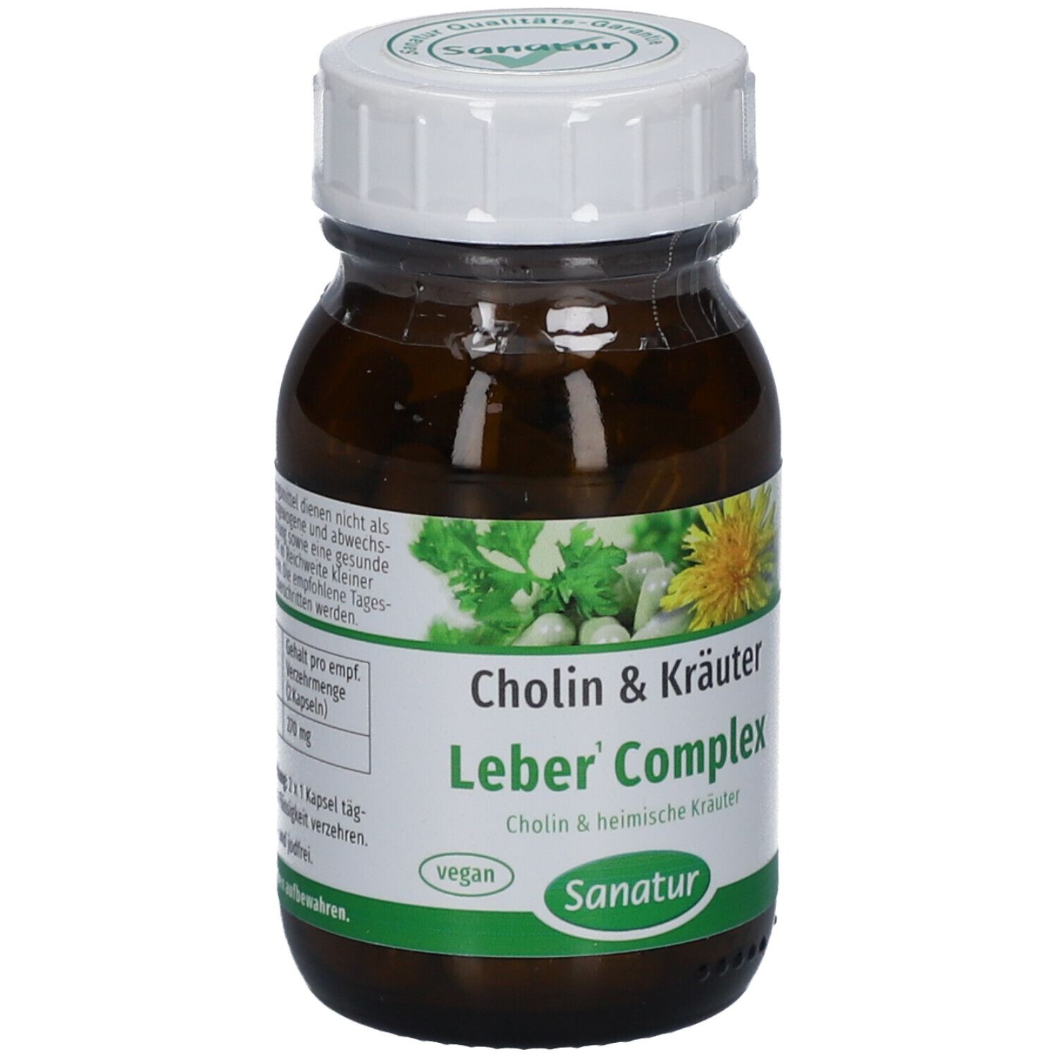 Braune Glasflasche mit weißem Deckel. Aufschrift: Cholin & Kräuter Leber' Complex. Sanatur-Logo. Vegan-Siegel. Kräuter-Illustration.