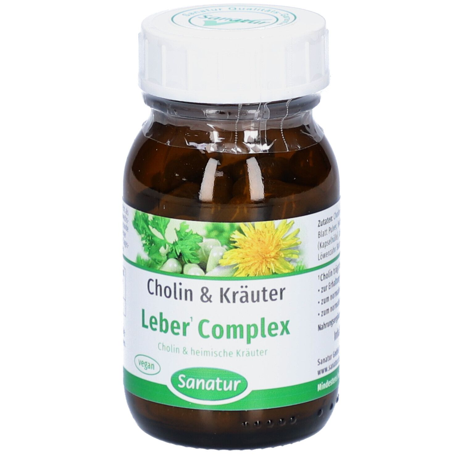 Braune Glasflasche mit weißem Deckel. Aufschrift: Cholin & Kräuter Leber' Complex. Sanatur-Logo. Vegan-Siegel. Kräuter-Illustration.