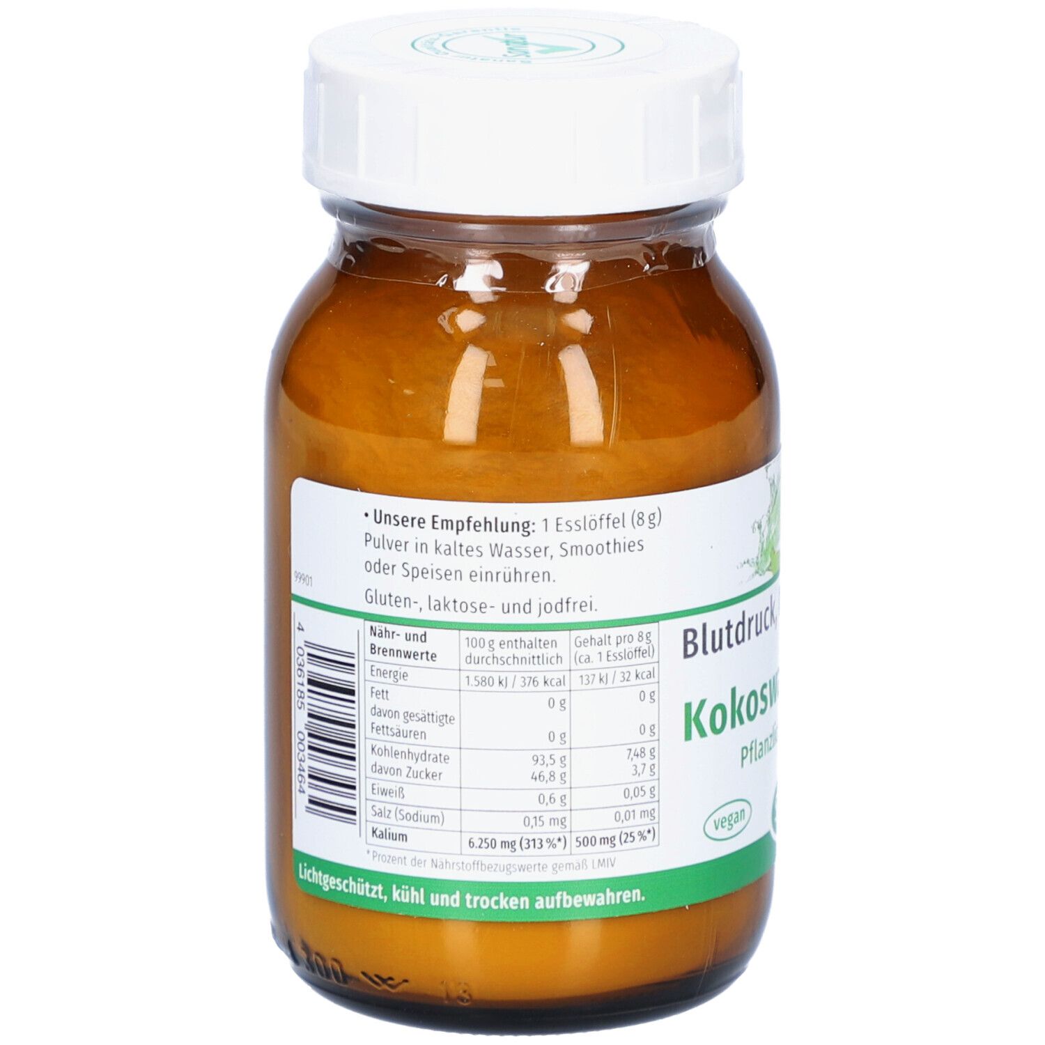 Rückseite der braunen Glasflasche. Etikett mit Nährwertangaben und Verzehrempfehlung. Marke Sanatur.